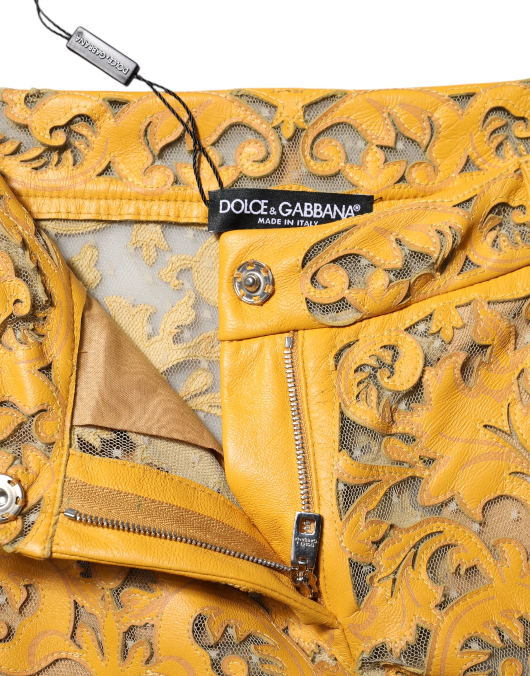 Dolce & Gabbana Yellow Floral Lace Mid Waist Capri Women's Pants