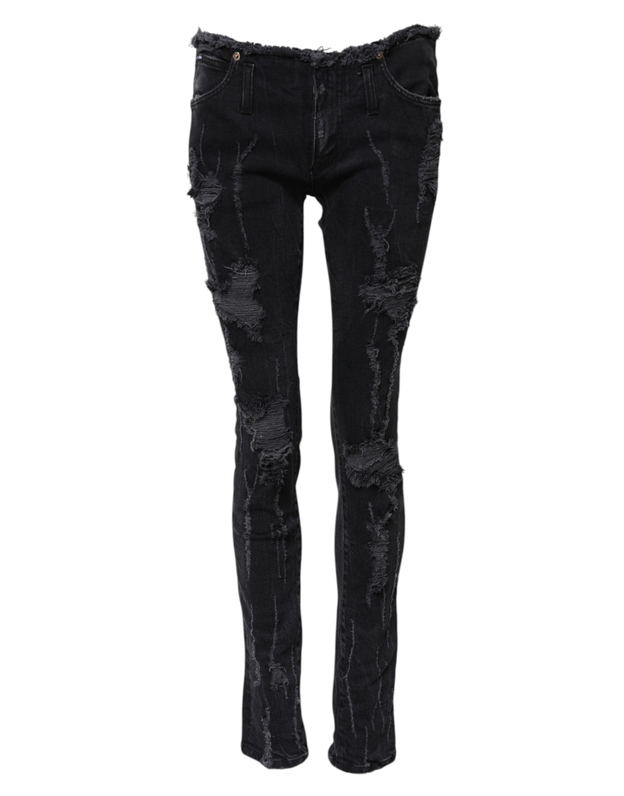 Dolce & Gabbana Black Cotton Tattered Skinny Denim Women's Jeans