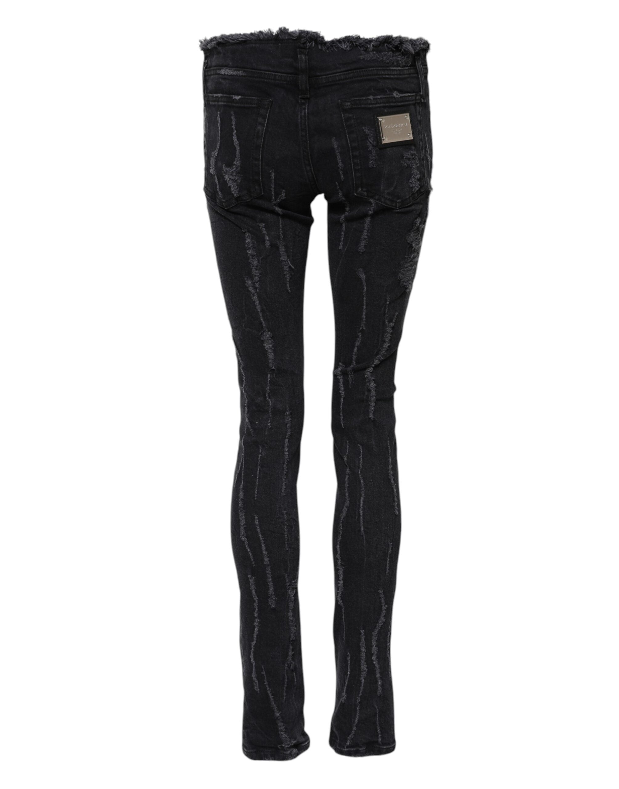 Dolce & Gabbana Black Cotton Tattered Skinny Denim Women's Jeans