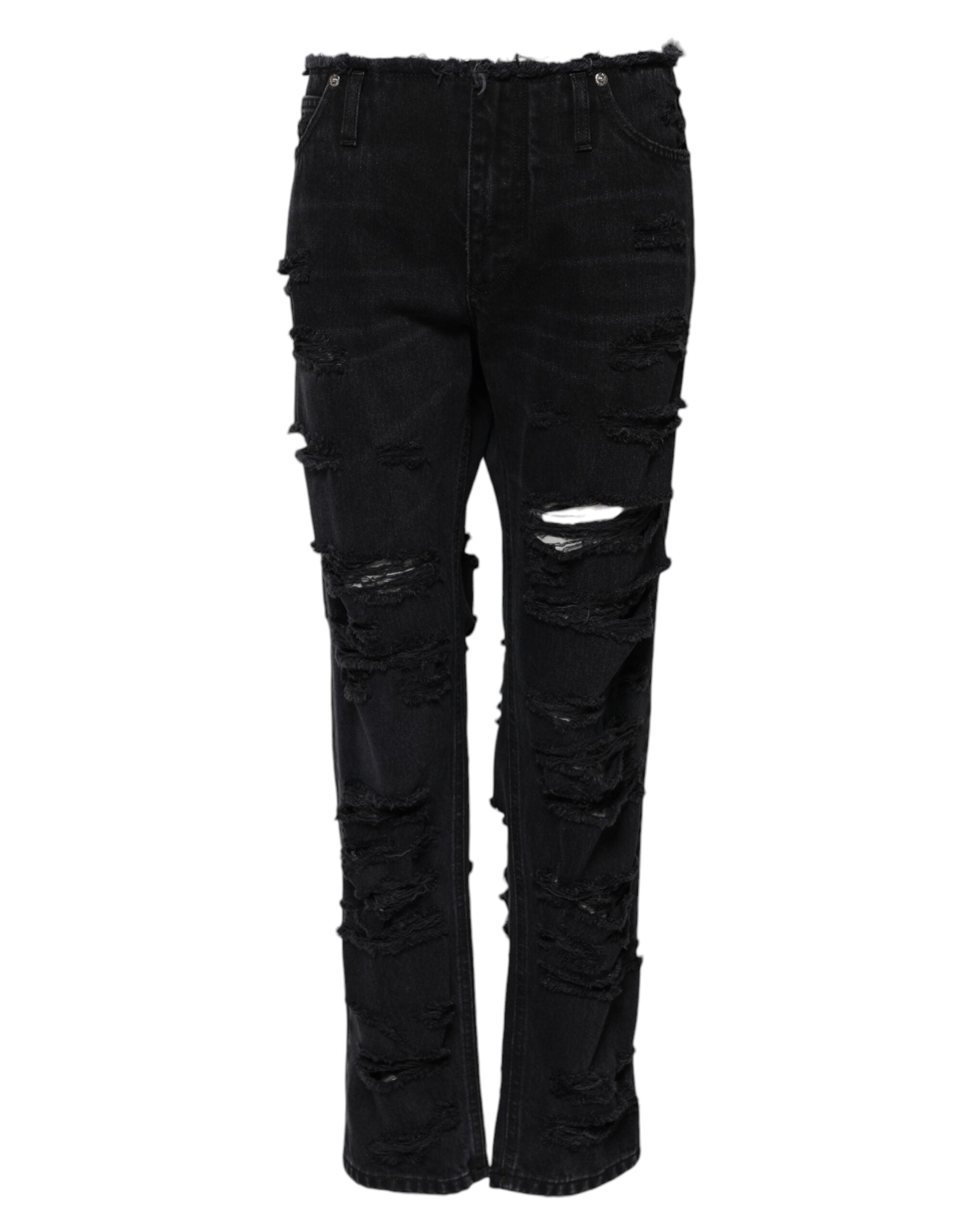 Dolce & Gabbana Black Cotton Tattered Mid Waist Denim Women's Jeans