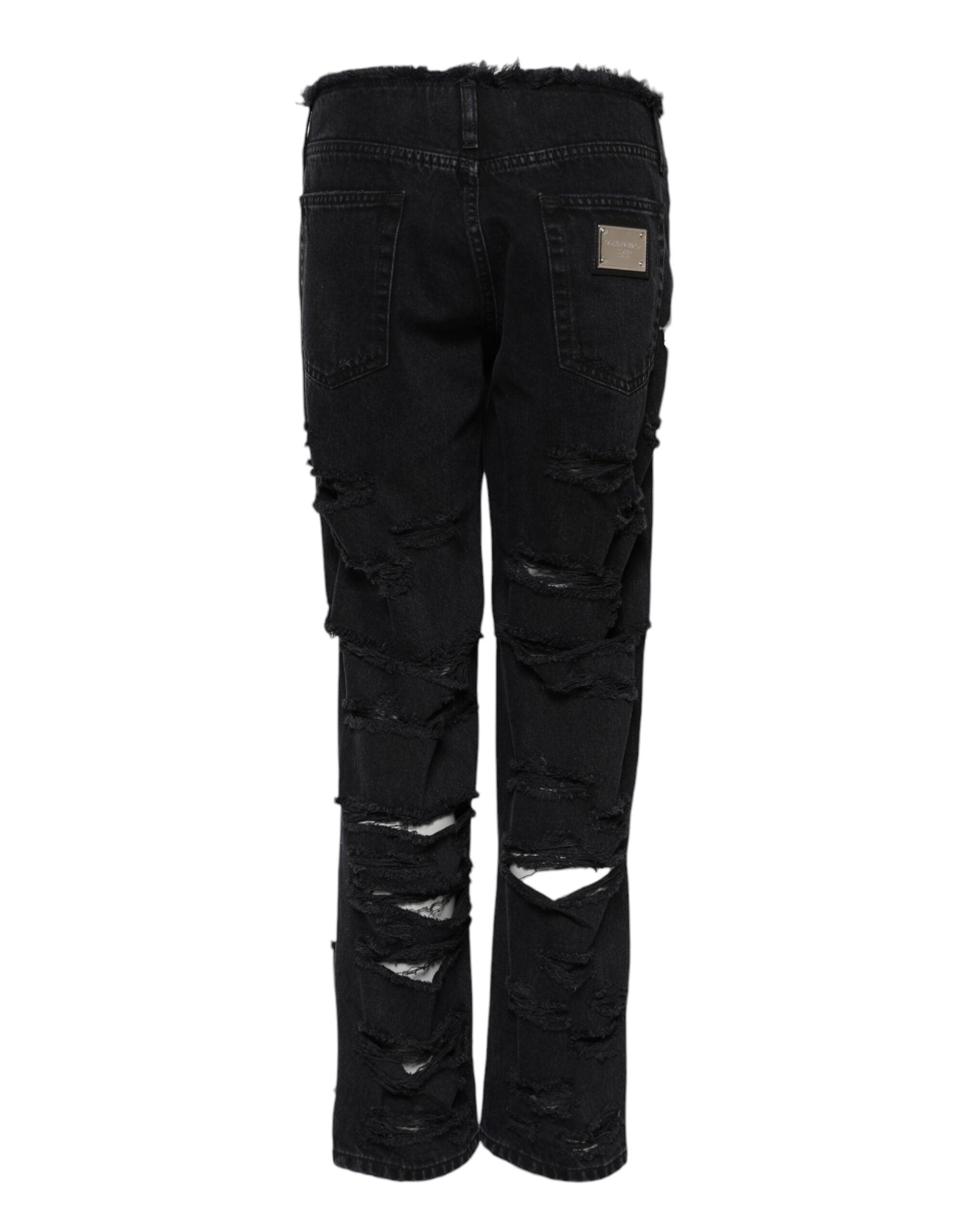 Dolce & Gabbana Black Cotton Tattered Mid Waist Denim Women's Jeans