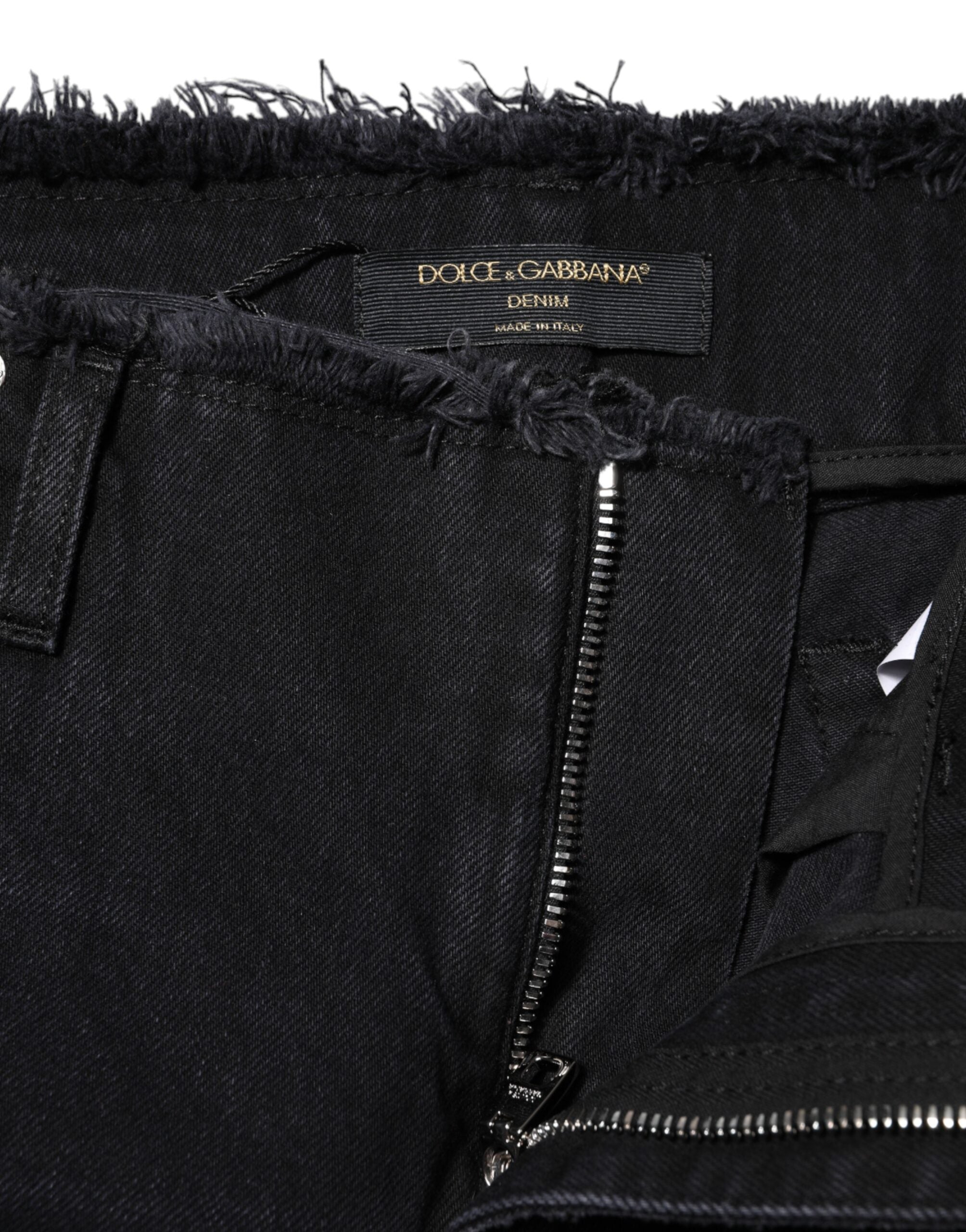 Dolce & Gabbana Black Cotton Tattered Mid Waist Denim Women's Jeans