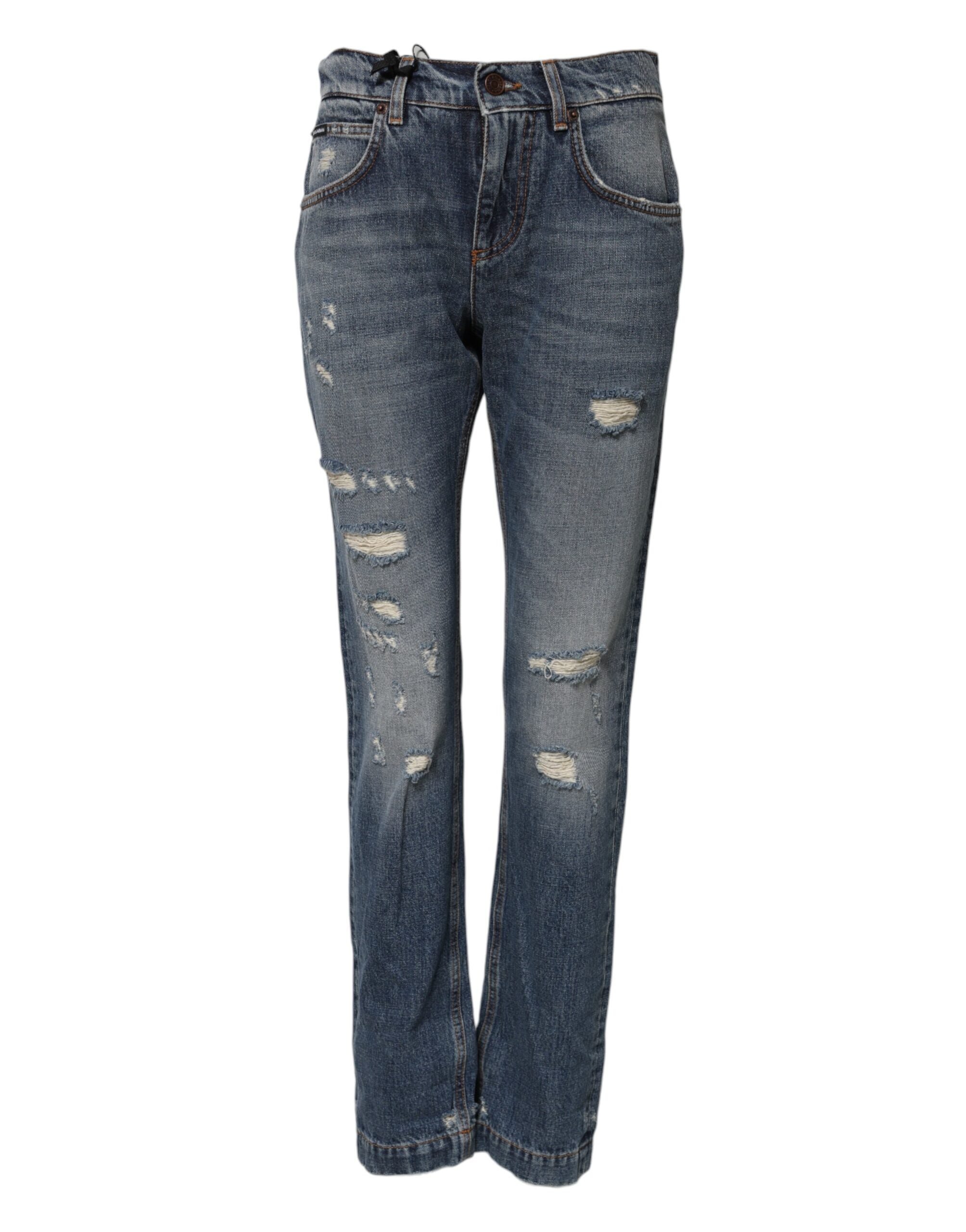 Dolce & Gabbana Blue Cotton Boyfriend Tattered Denim Women's Jeans