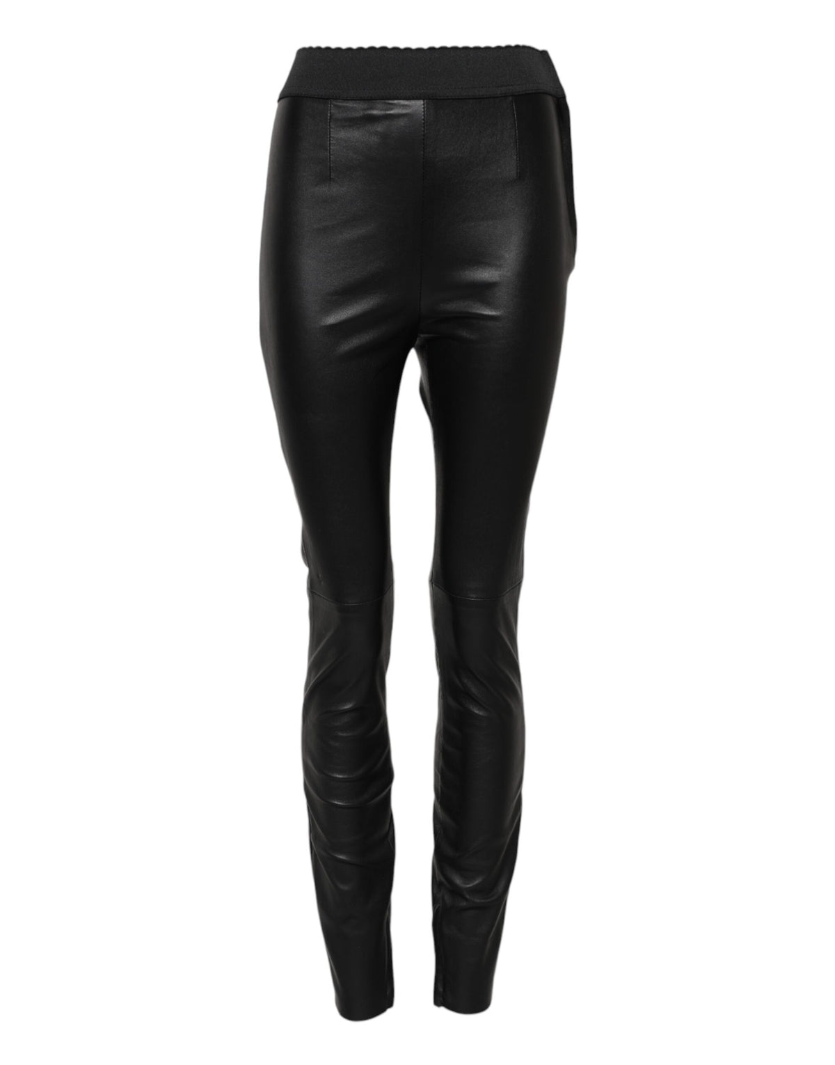 Dolce & Gabbana Black Leather Elastic Waist Women's Pants
