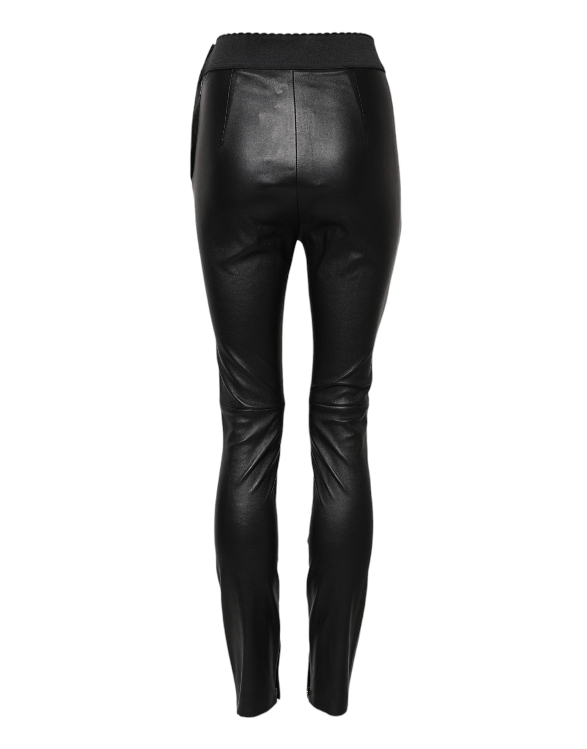 Dolce & Gabbana Black Leather Elastic Waist Women's Pants