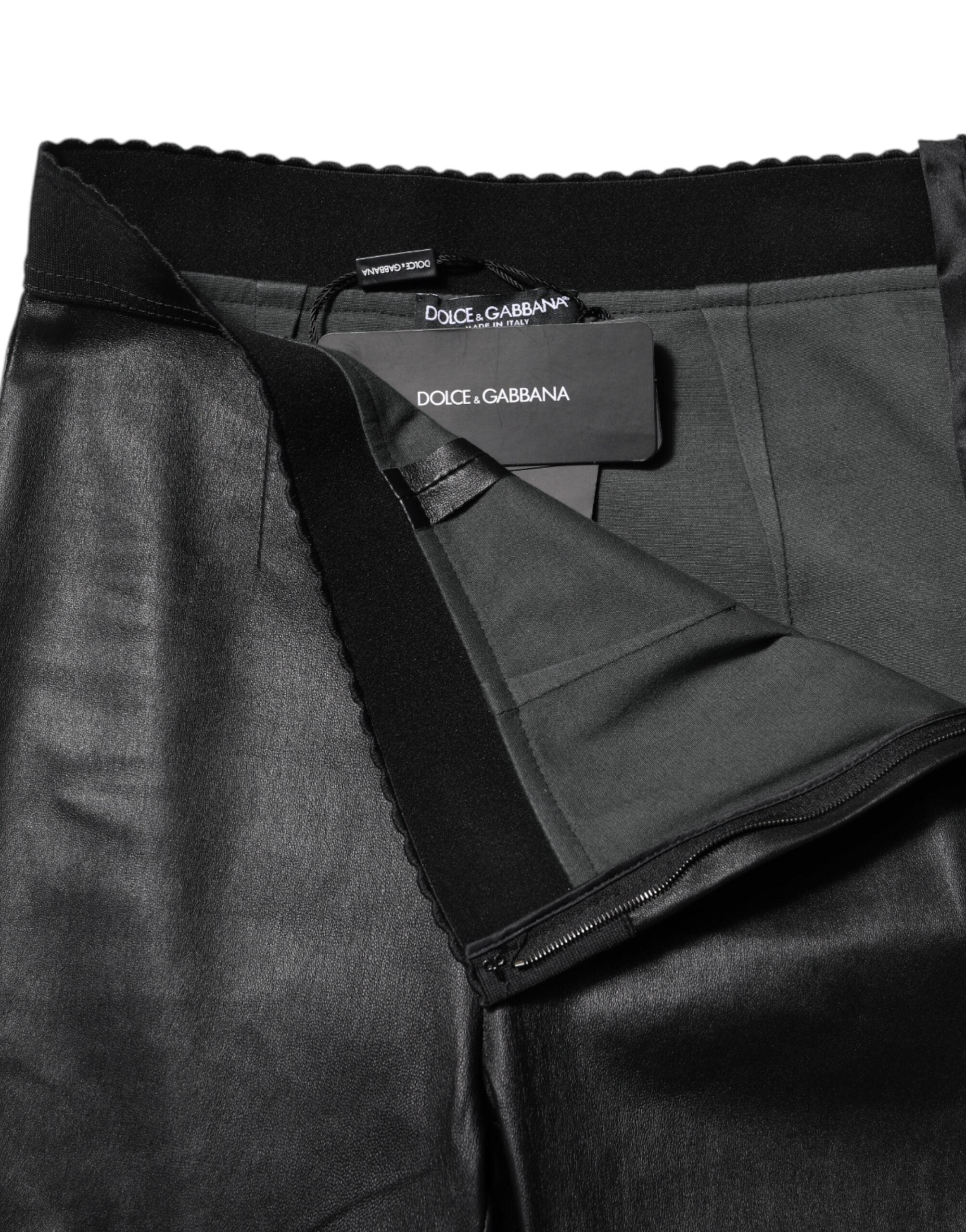 Dolce & Gabbana Black Leather Elastic Waist Women's Pants