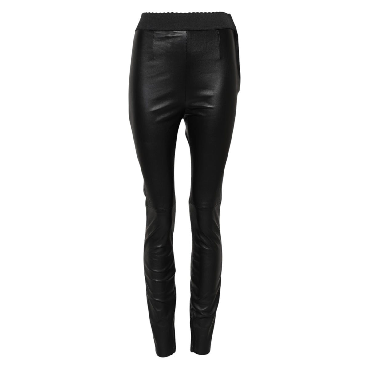 Dolce & Gabbana Black Leather Elastic Waist Women's Pants