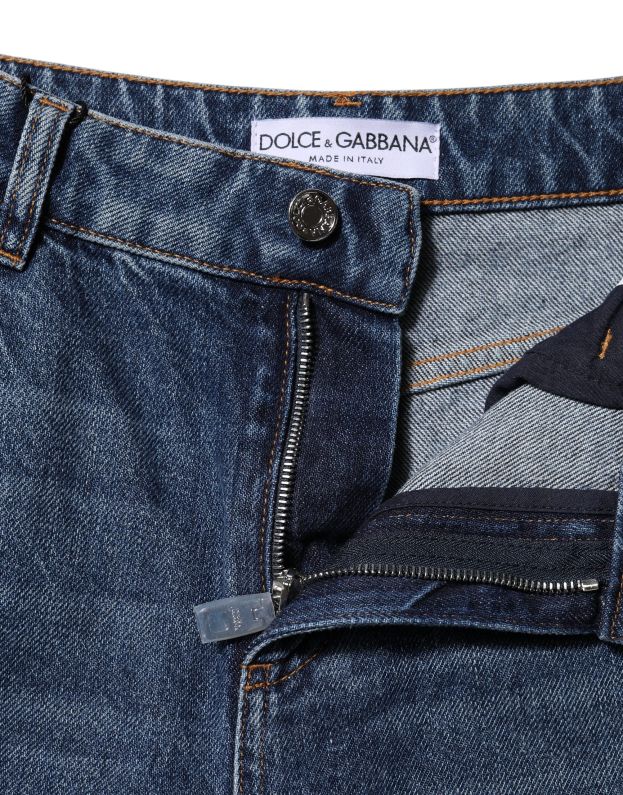 Dolce & Gabbana Blue Cotton Wide Leg Tattered Denim Women's Jeans