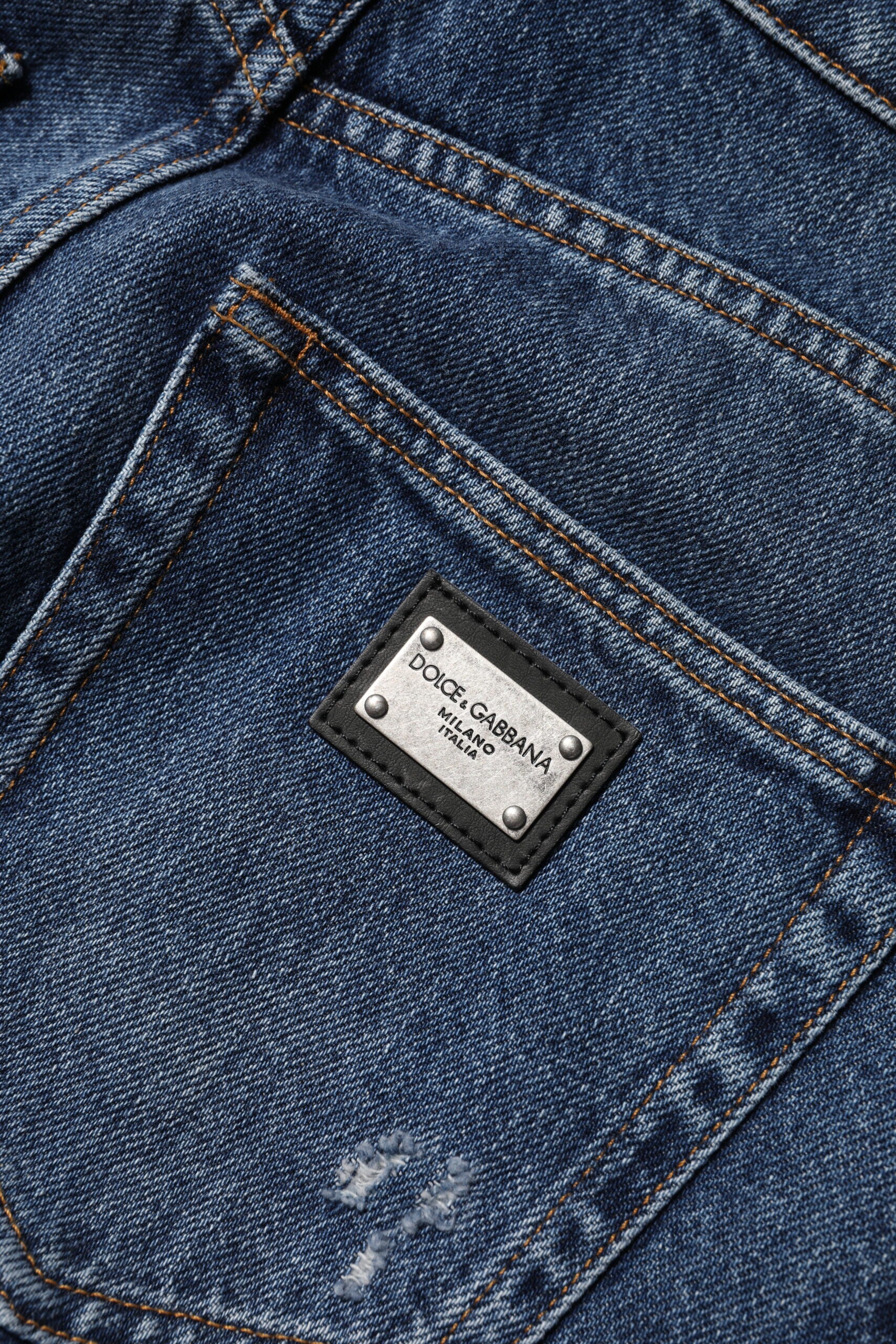 Dolce & Gabbana Blue Cotton Wide Leg Tattered Denim Women's Jeans