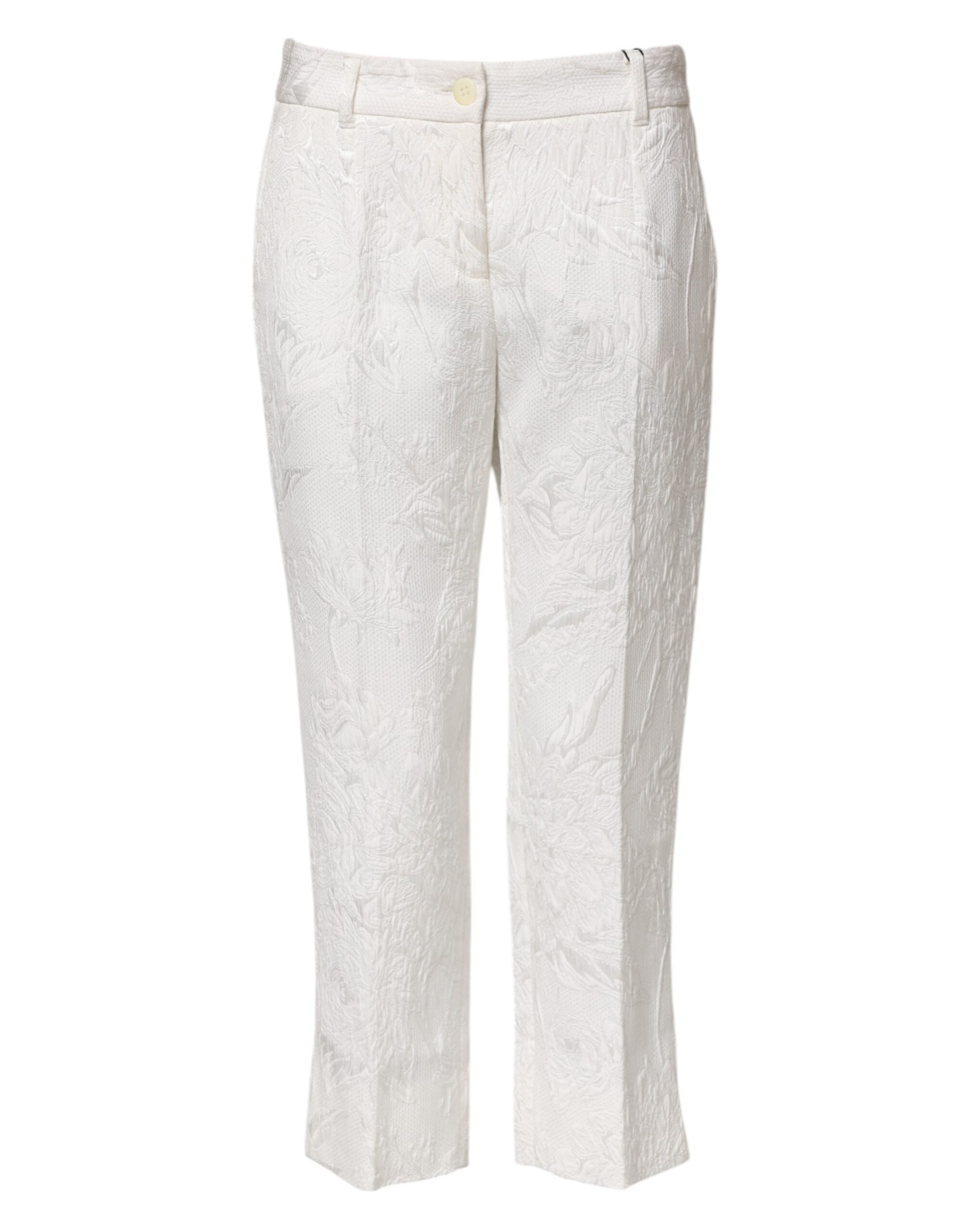 Dolce & Gabbana White Cotton Floral Jacquard Women's Pants