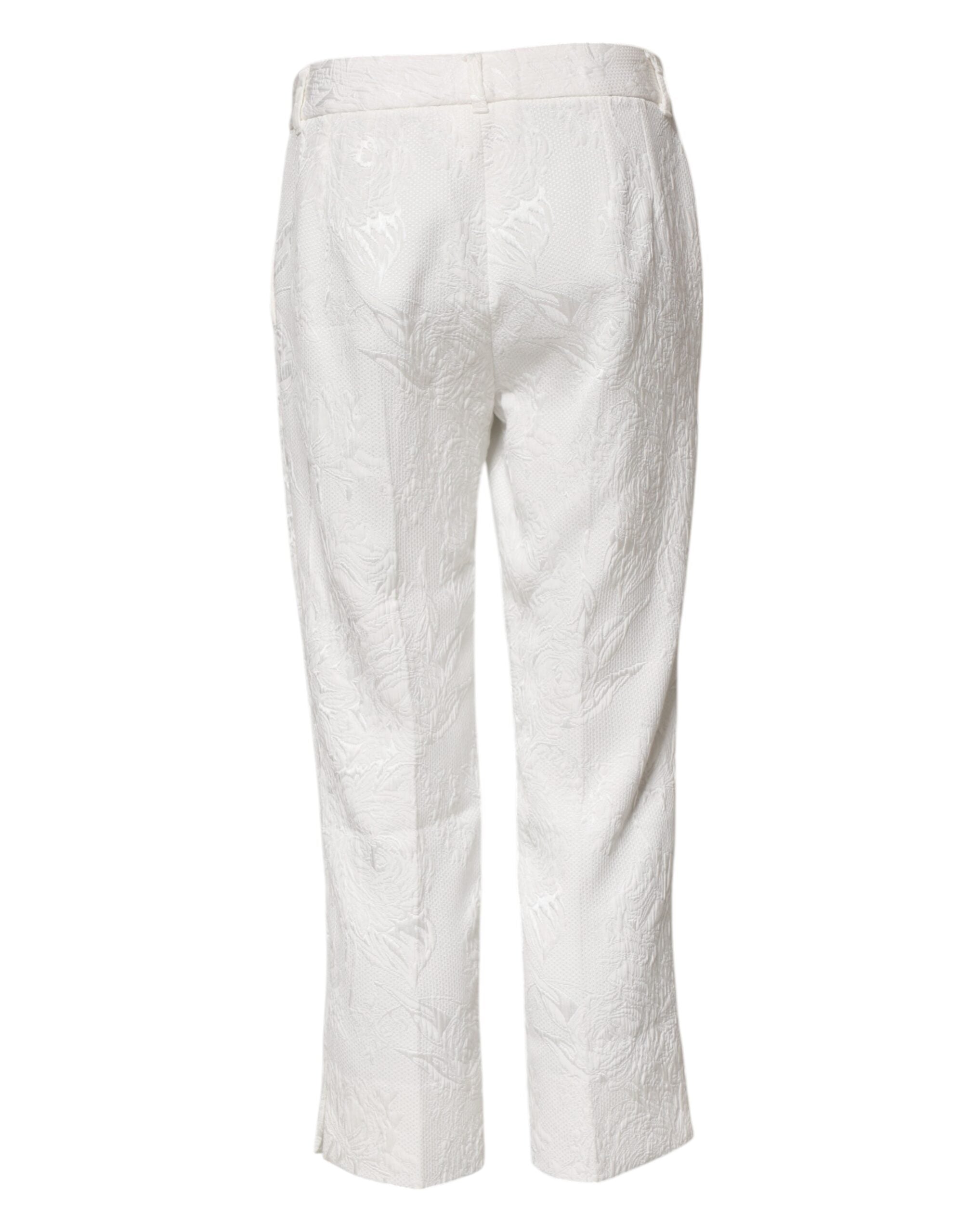 Dolce & Gabbana White Cotton Floral Jacquard Women's Pants