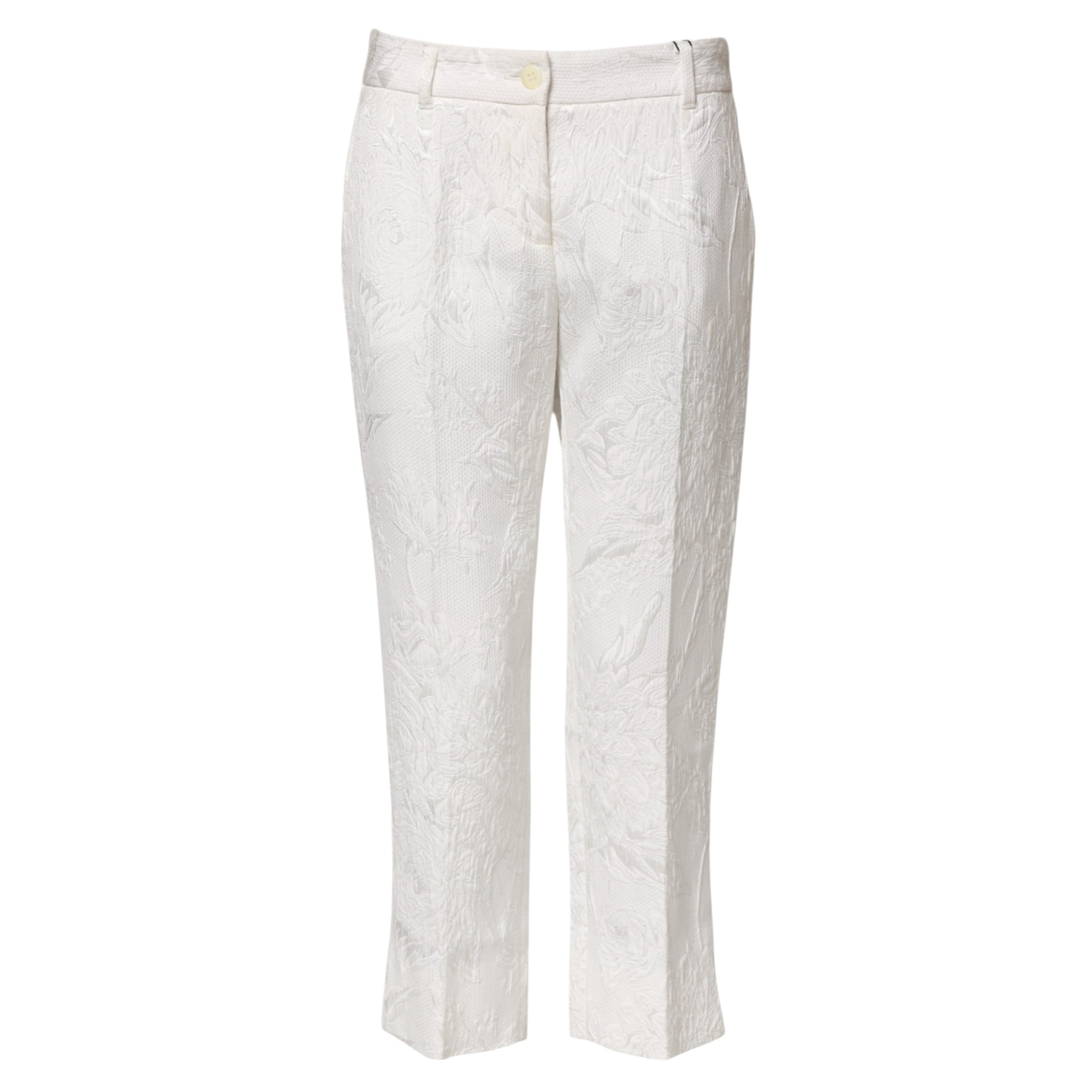 Dolce & Gabbana White Cotton Floral Jacquard Women's Pants