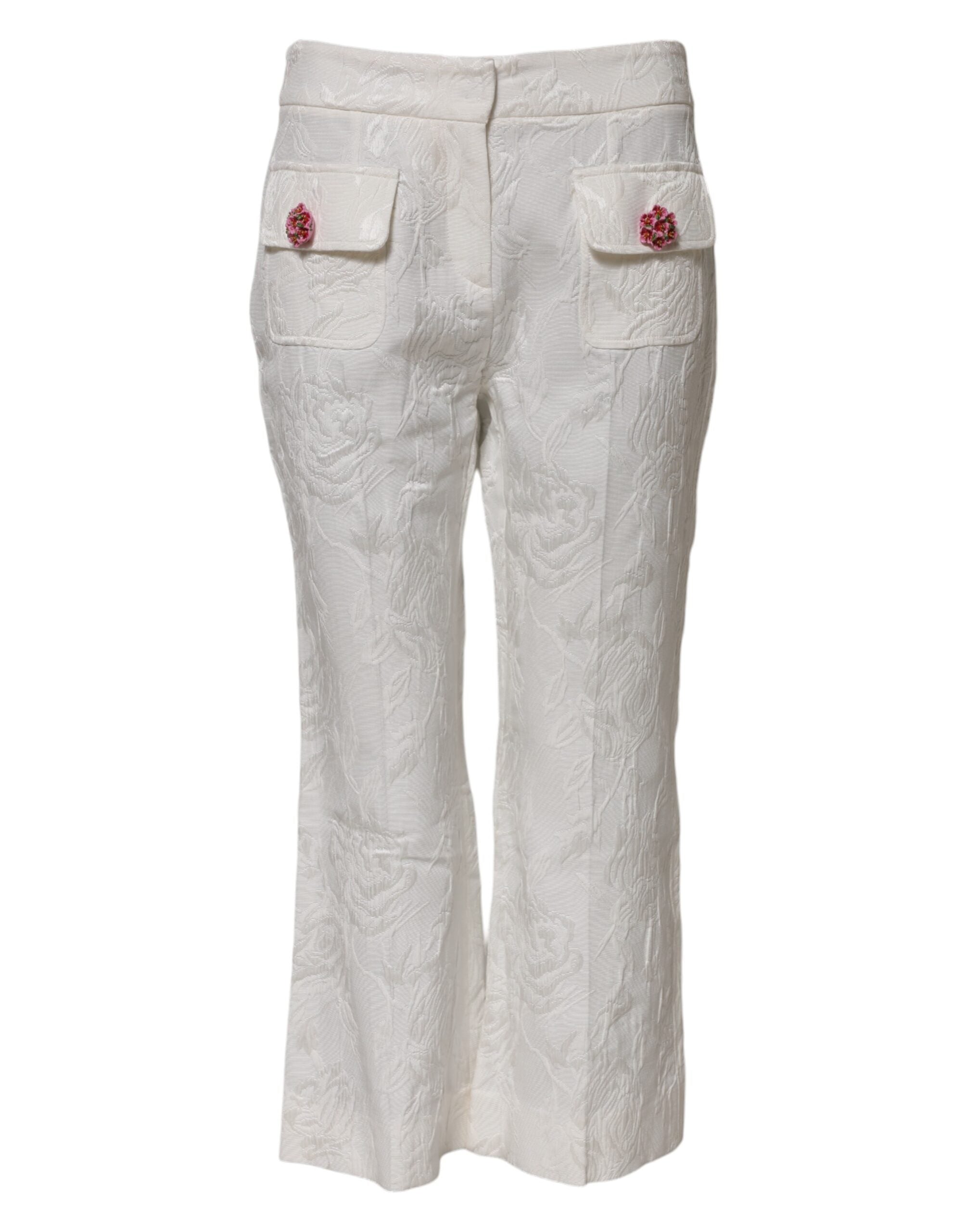 Dolce & Gabbana White Cotton Floral Jacquard Women's Pants