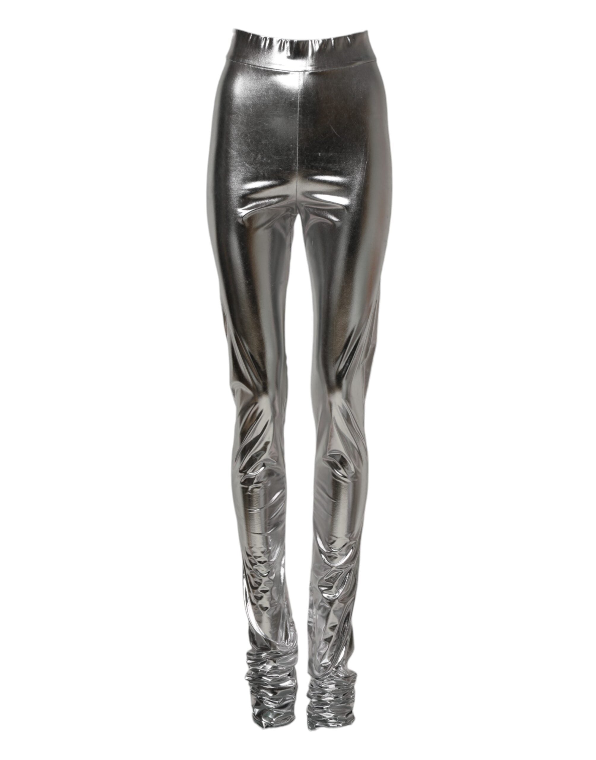 Dolce & Gabbana Metallic Silver Polyester Slim Fit Leggings Women's Pants