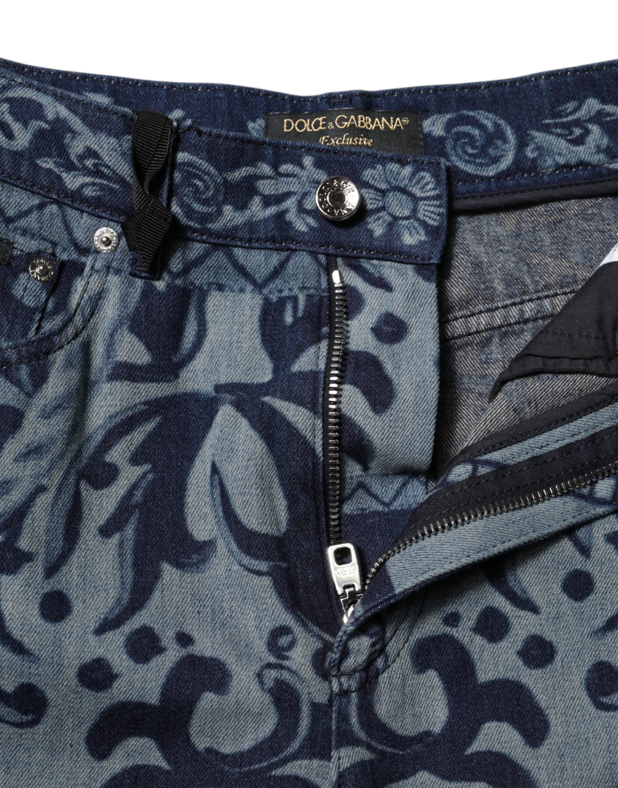Dolce & Gabbana Blue Graphic Print Tapered Denim Women's Jeans