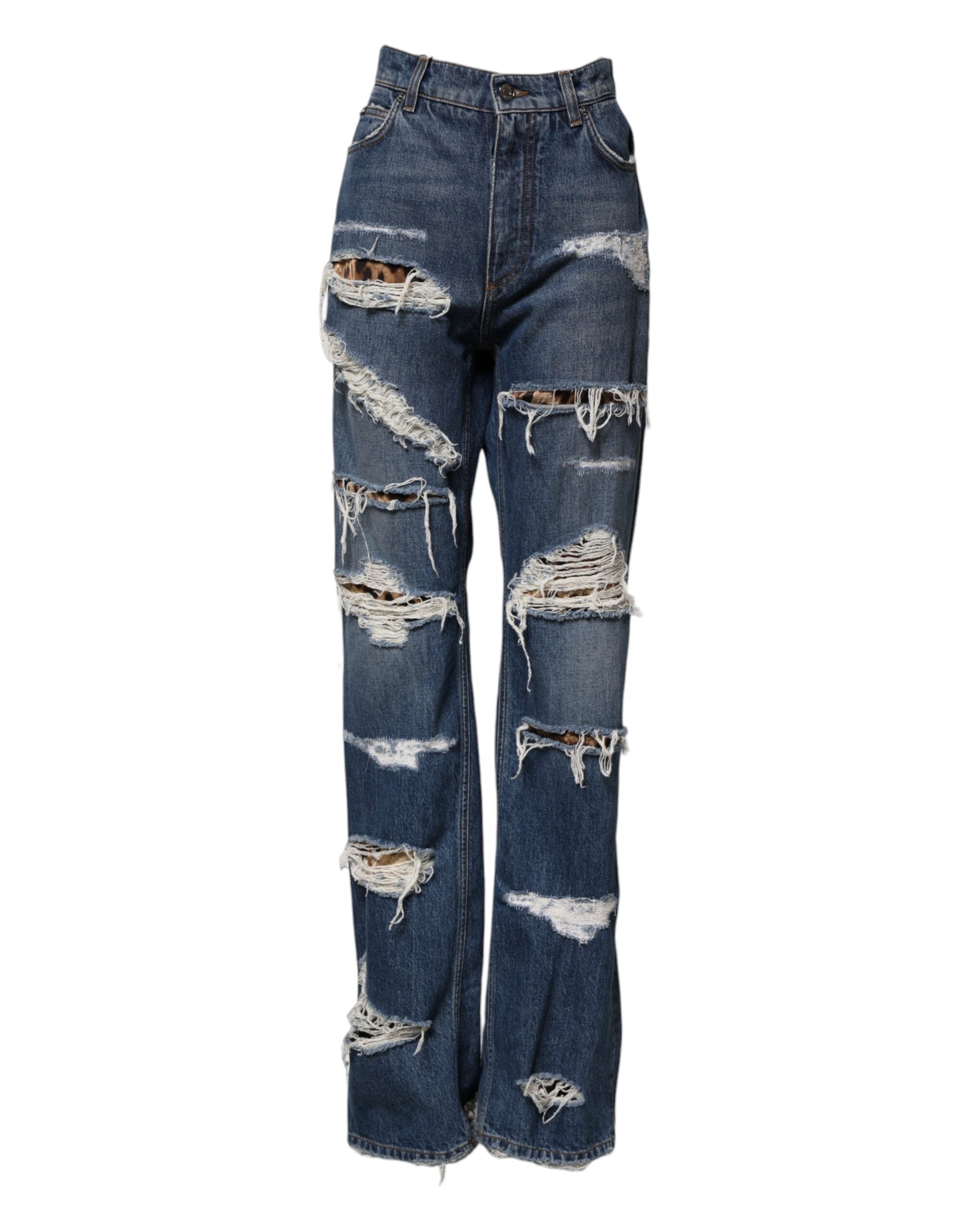 Dolce & Gabbana Blue Tattered Cotton Straight Denim Women's Jeans (Pre-Owned)