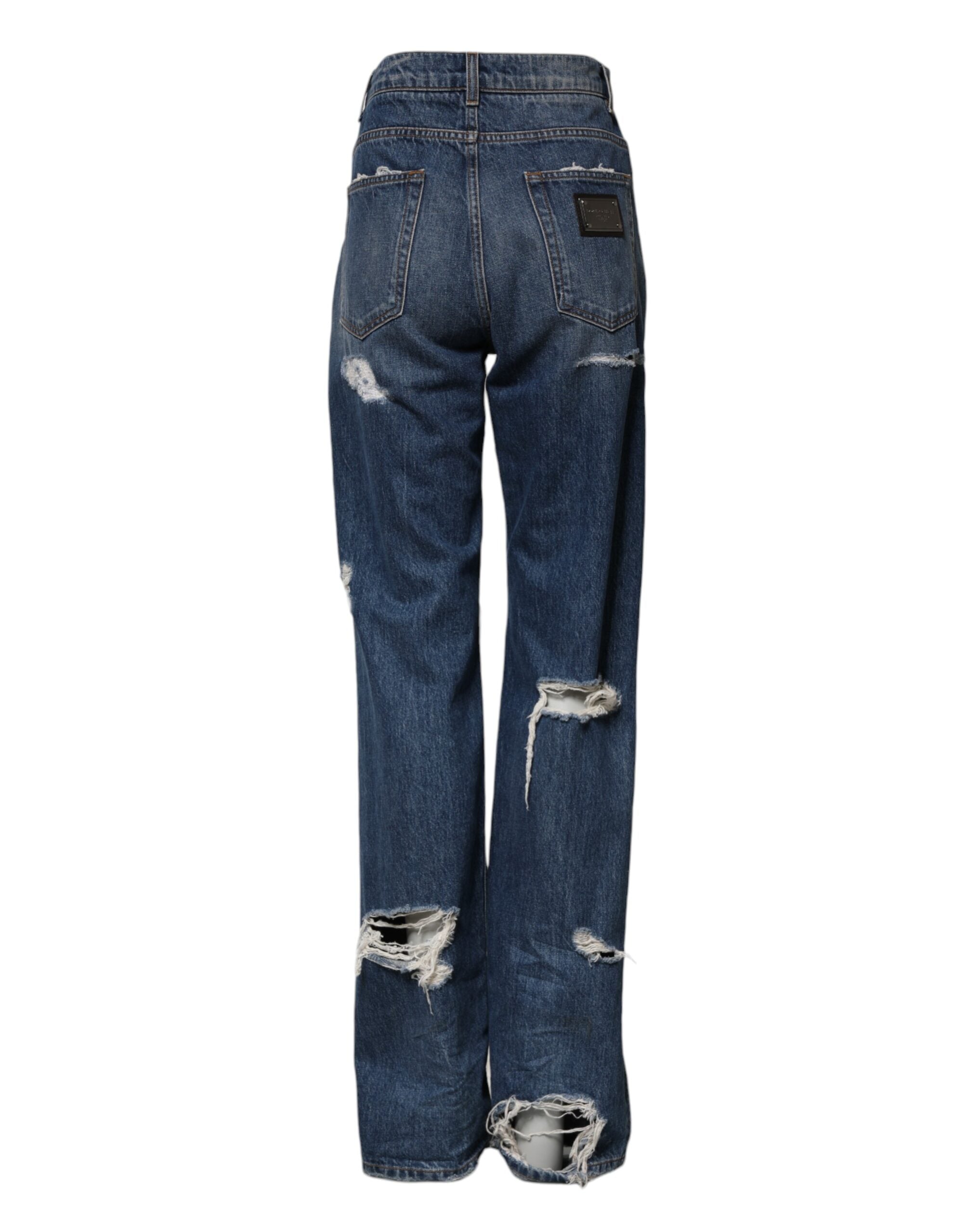 Dolce & Gabbana Blue Tattered Cotton Straight Denim Women's Jeans (Pre-Owned)