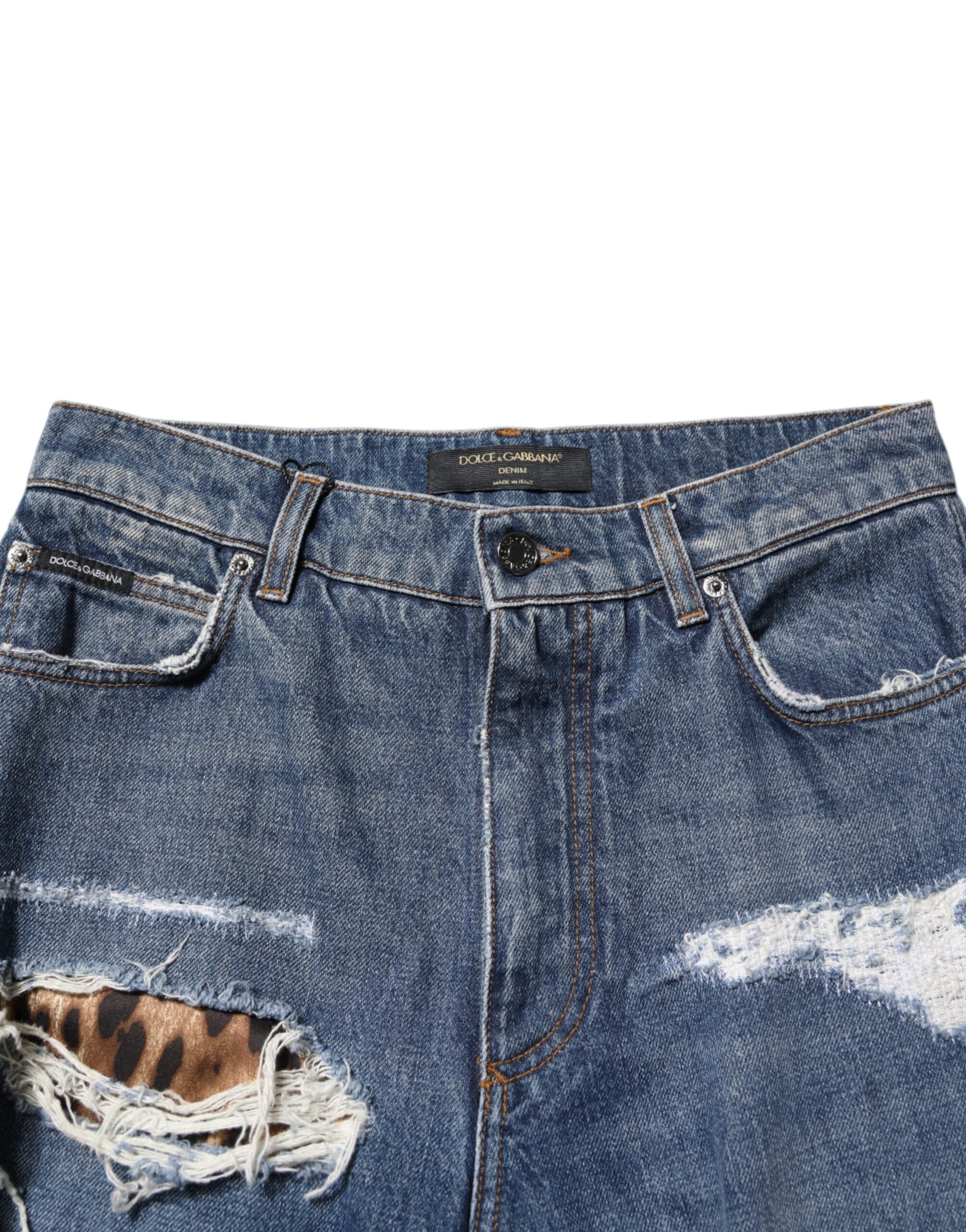 Dolce & Gabbana Blue Tattered Cotton Straight Denim Women's Jeans (Pre-Owned)