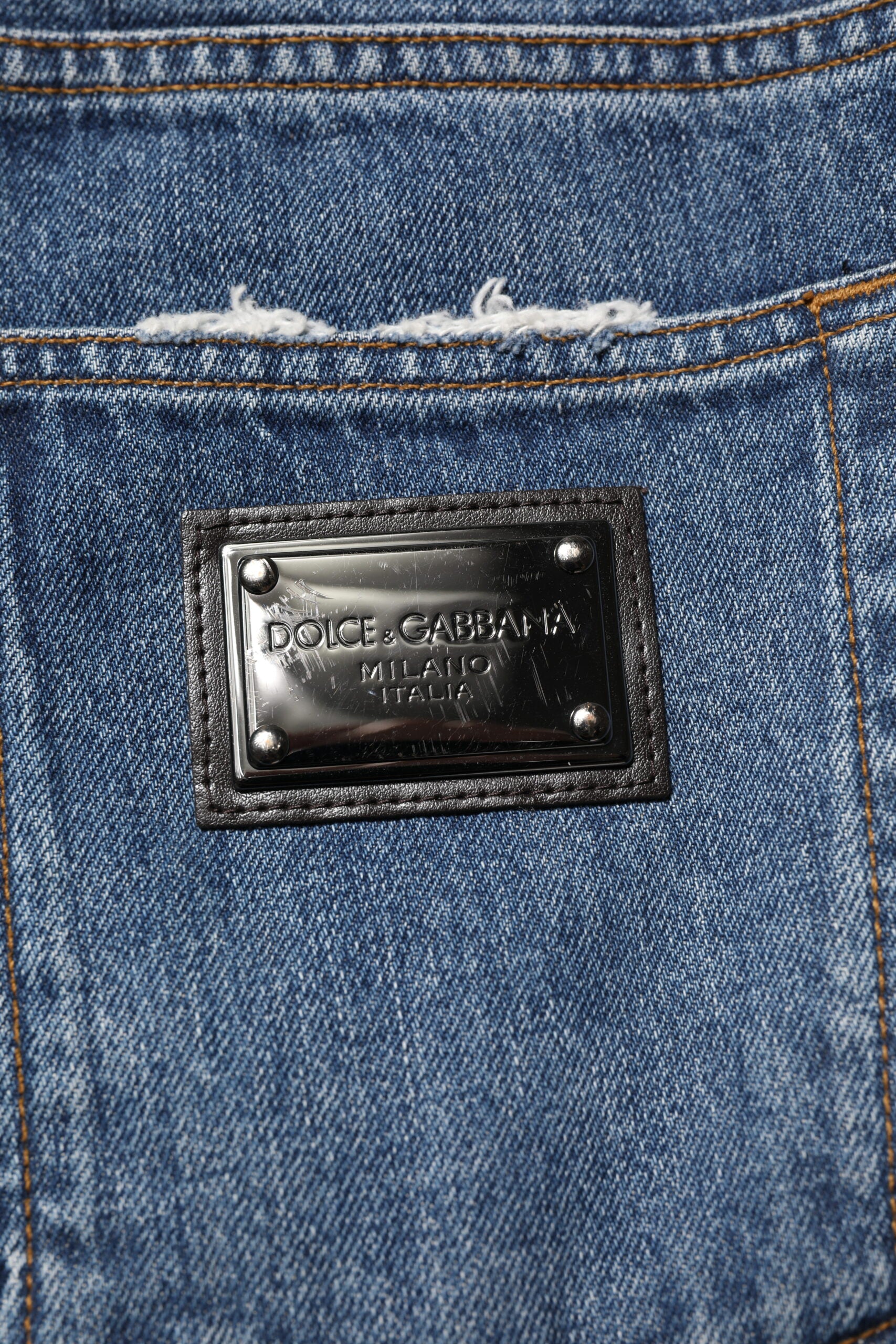 Dolce & Gabbana Blue Tattered Cotton Straight Denim Women's Jeans (Pre-Owned)