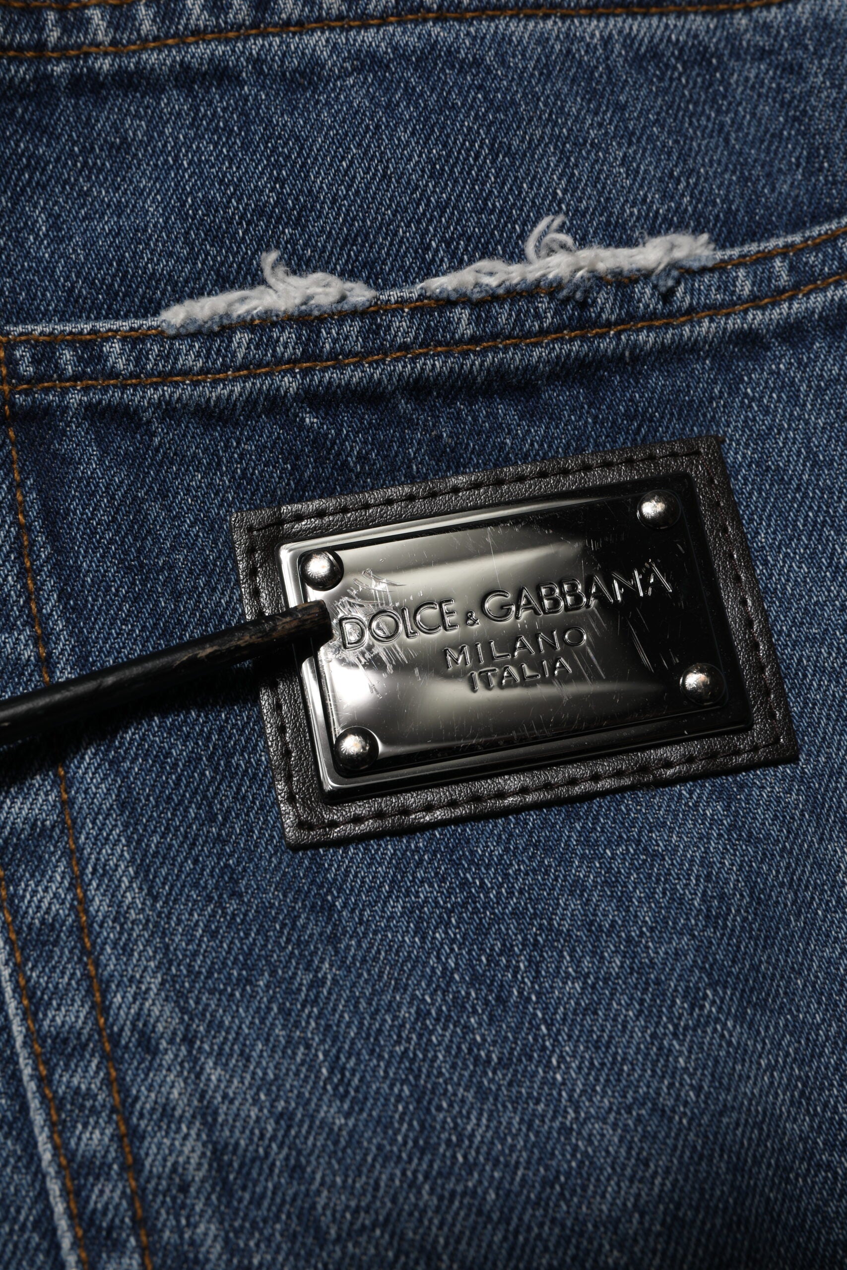 Dolce & Gabbana Blue Tattered Cotton Straight Denim Women's Jeans (Pre-Owned)