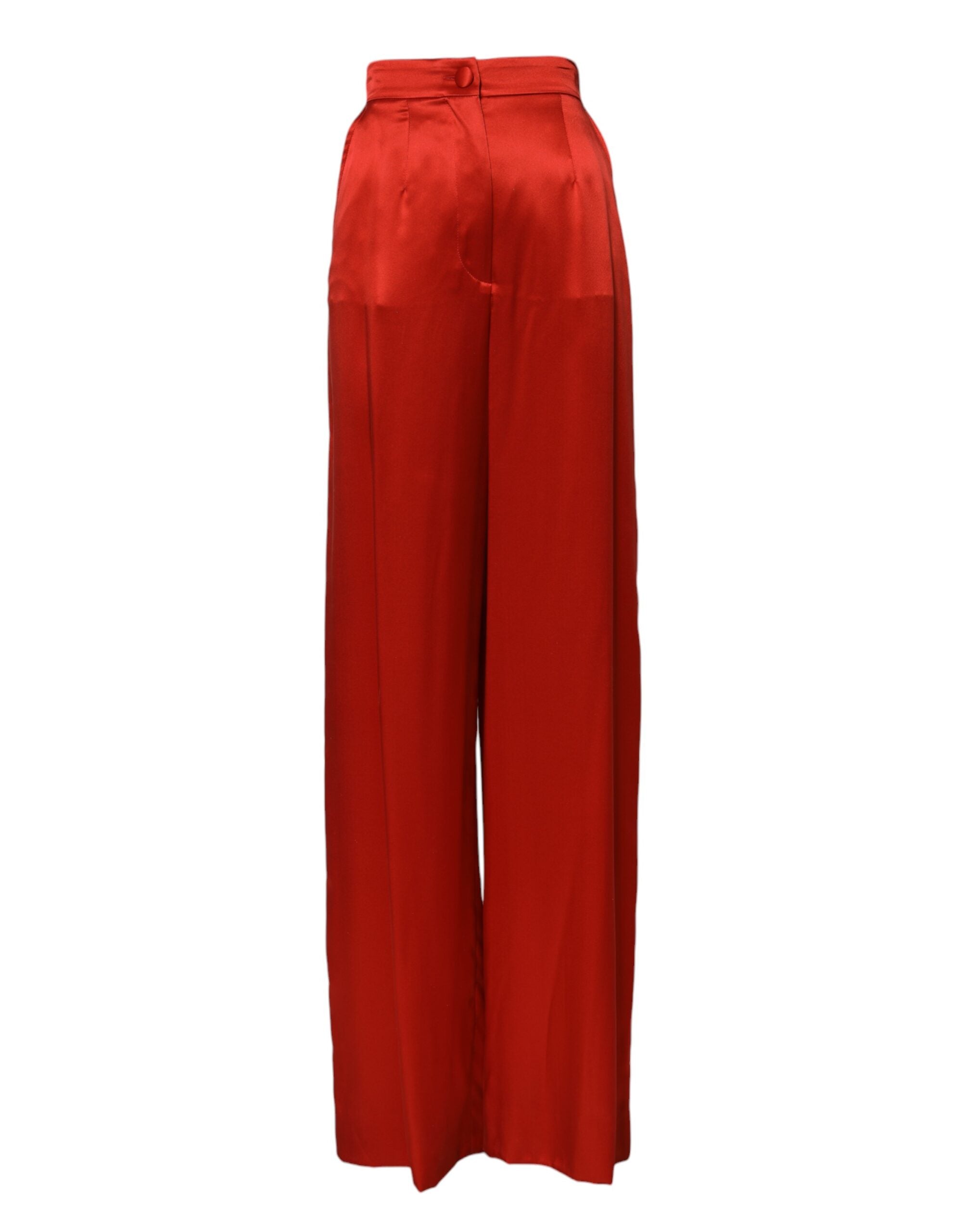 Dolce & Gabbana Red Satin High Waist Wide Leg Women's Pants