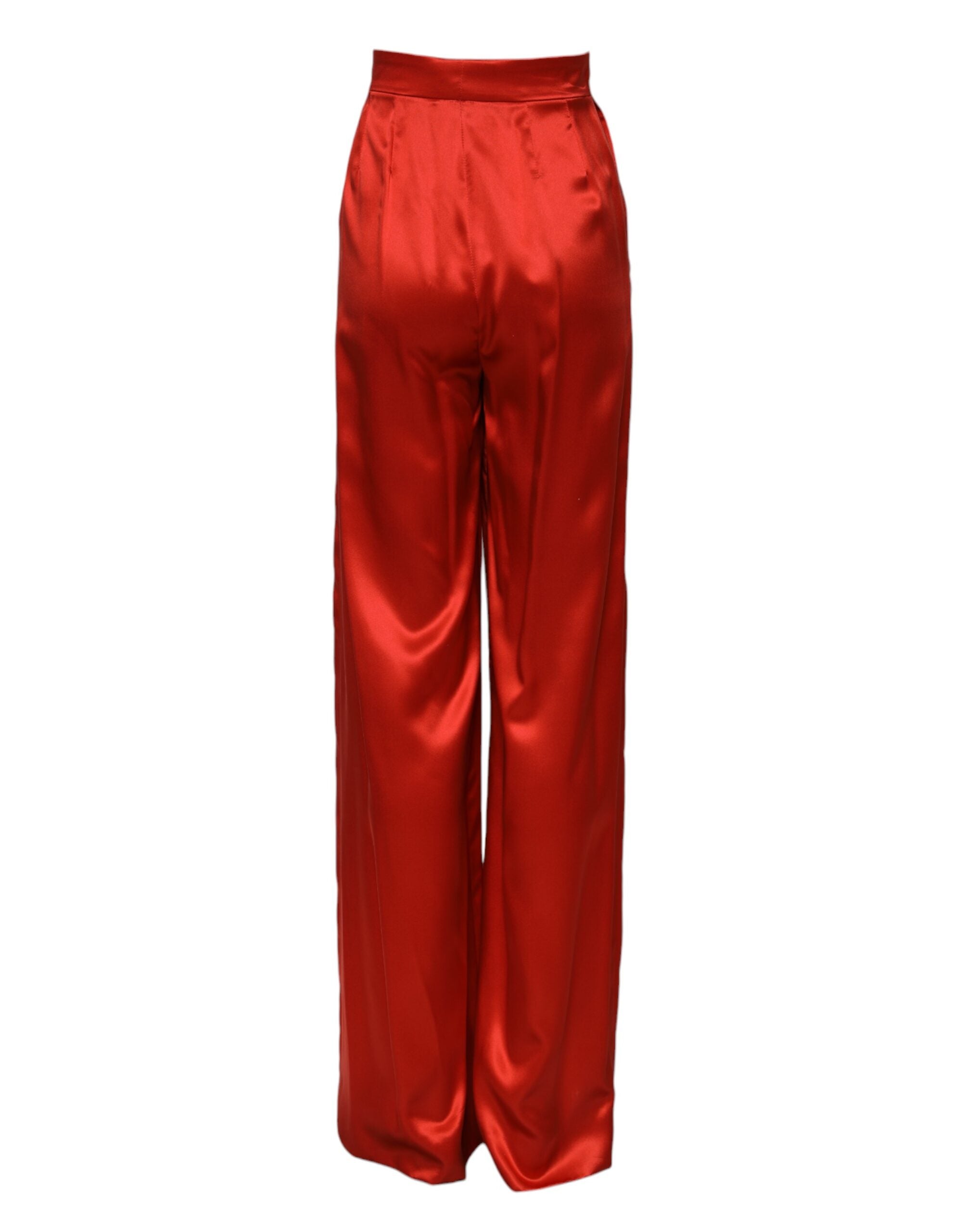 Dolce & Gabbana Red Satin High Waist Wide Leg Women's Pants