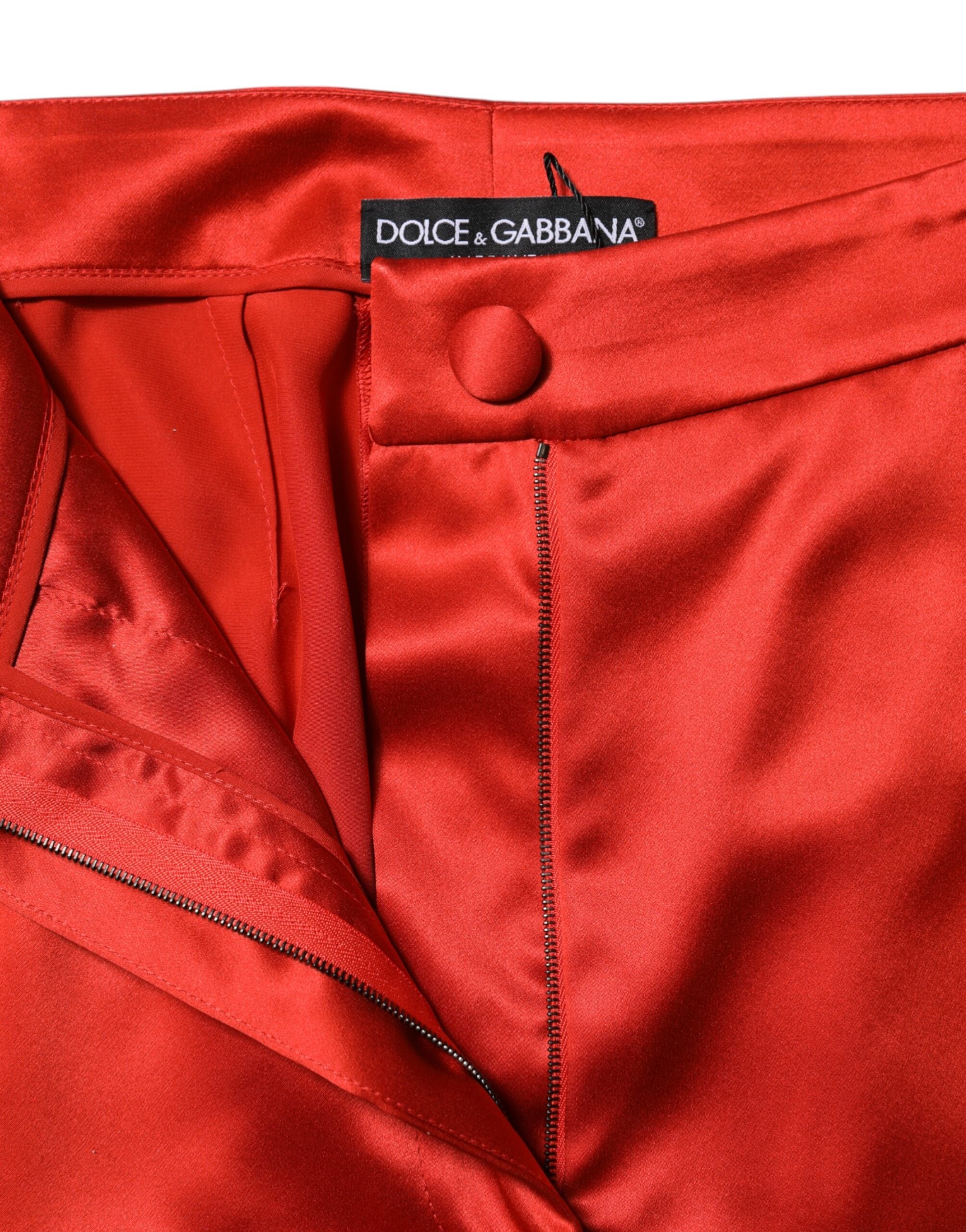 Dolce & Gabbana Red Satin High Waist Wide Leg Women's Pants