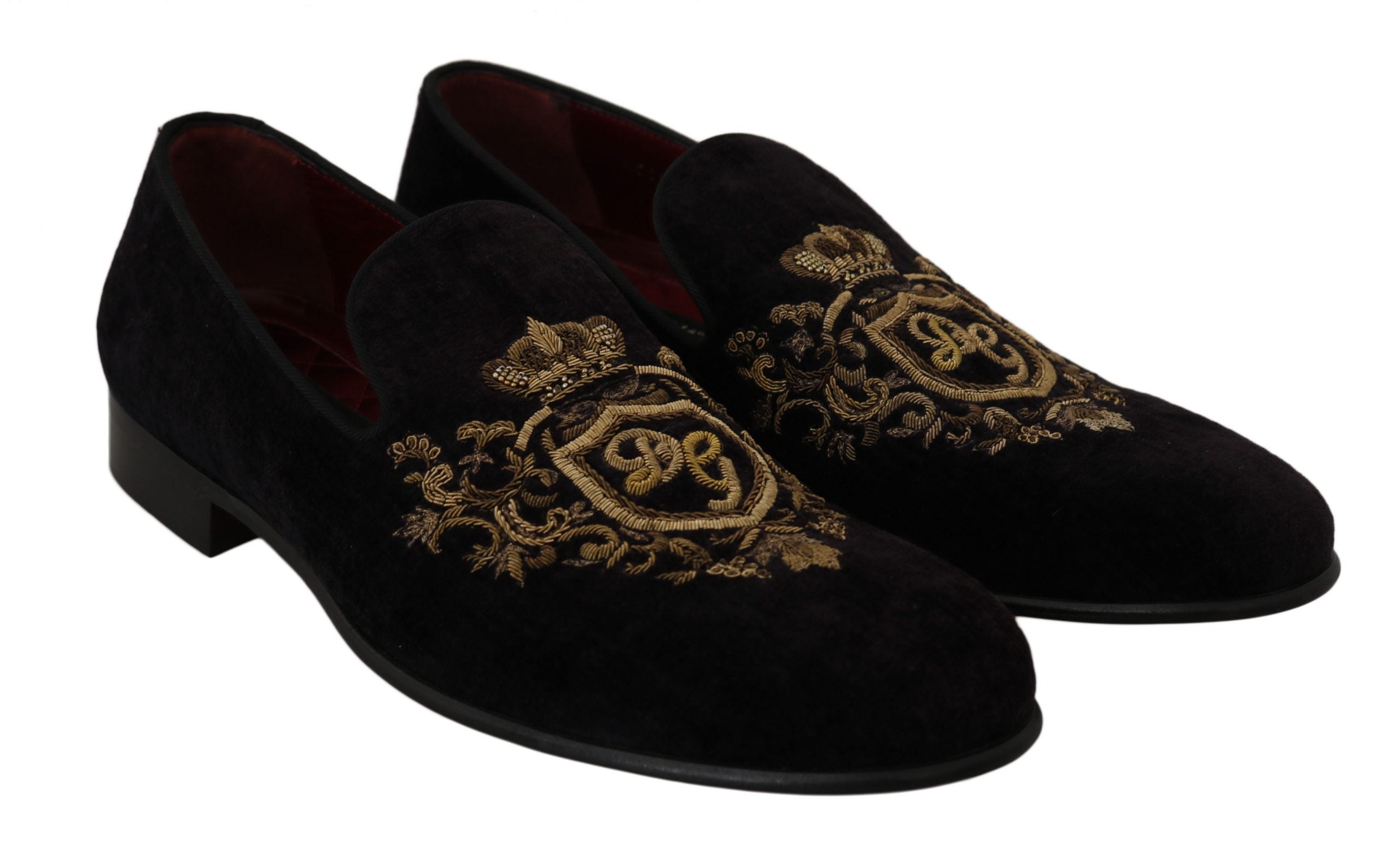 Dolce & Gabbana Loafers Black Velvet Gold Men's Crown