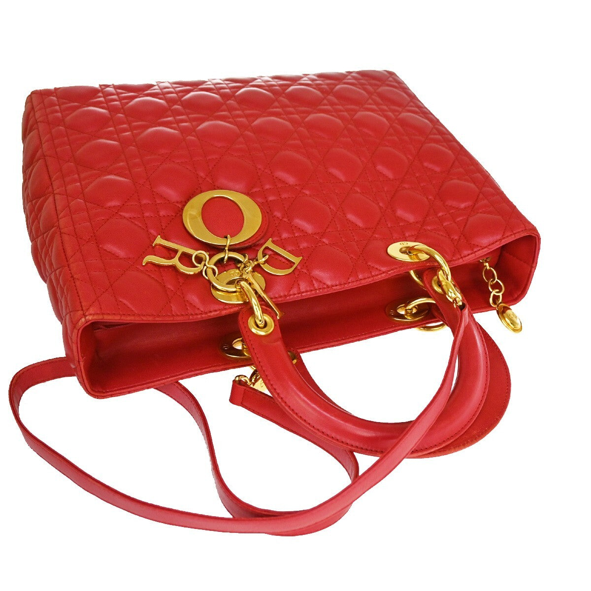 Christian Dior Vintage Lady Dior Cannage Quilt Lambskin Red Leather Bag (Pre-Owned)