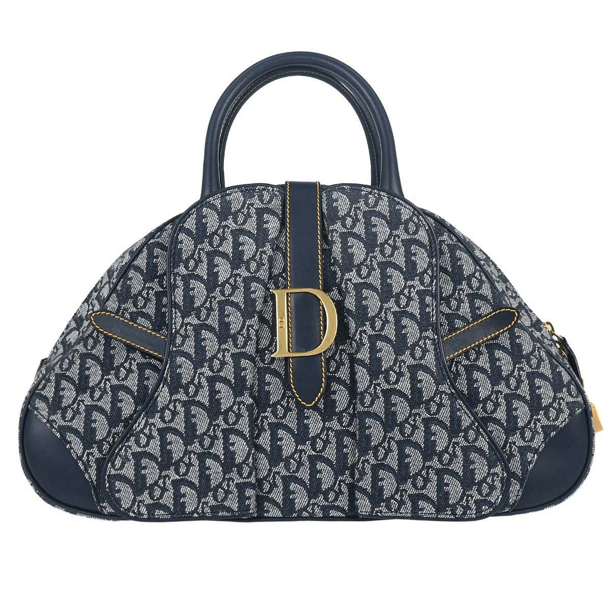 Christian Dior Vintage Saddle Bowler Diorissimo Canvas Navy Canvas Handbag (Pre-Owned)