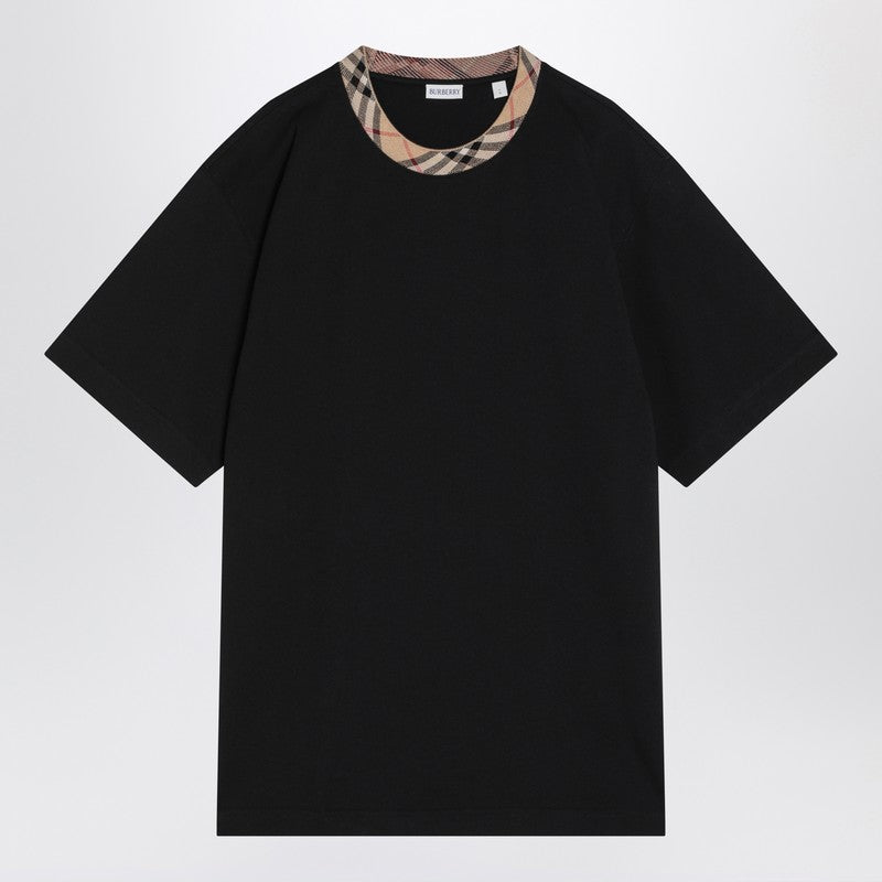 Tシャツ・カットソー Burberry Black Cotton T-Shirt With Check Finishes Burberry Men's Black Cotton T-Shirt With Check Finishes