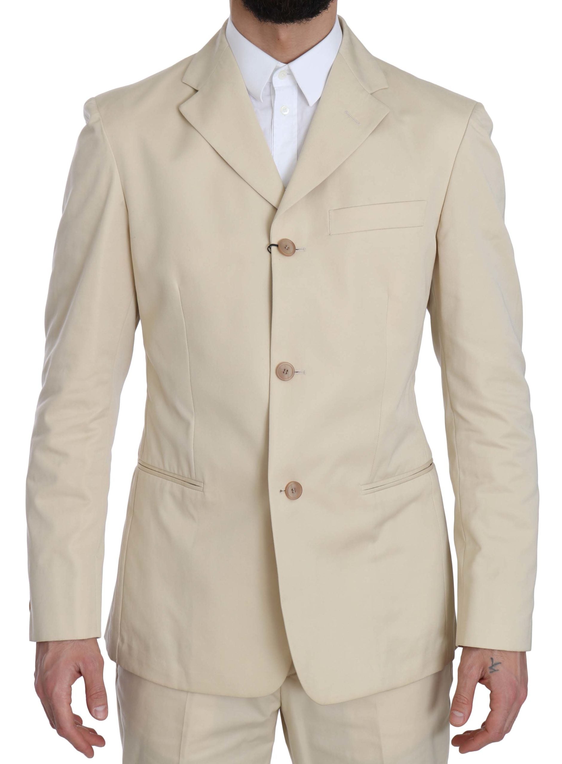 Romeo Gigli Two Piece 3 Button Beige Cotton Solid Men's Suit