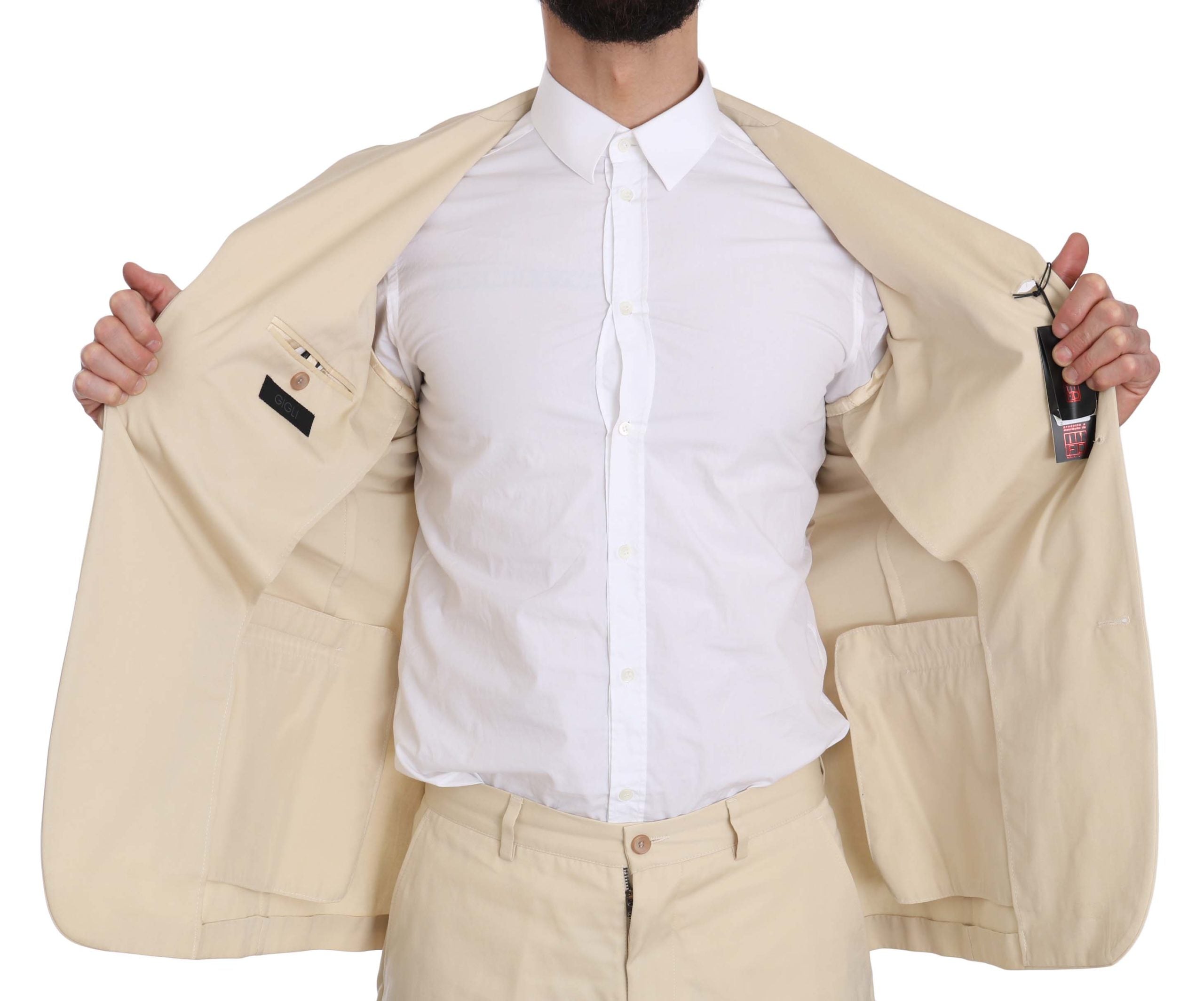 Romeo Gigli Two Piece 3 Button Beige Cotton Solid Men's Suit