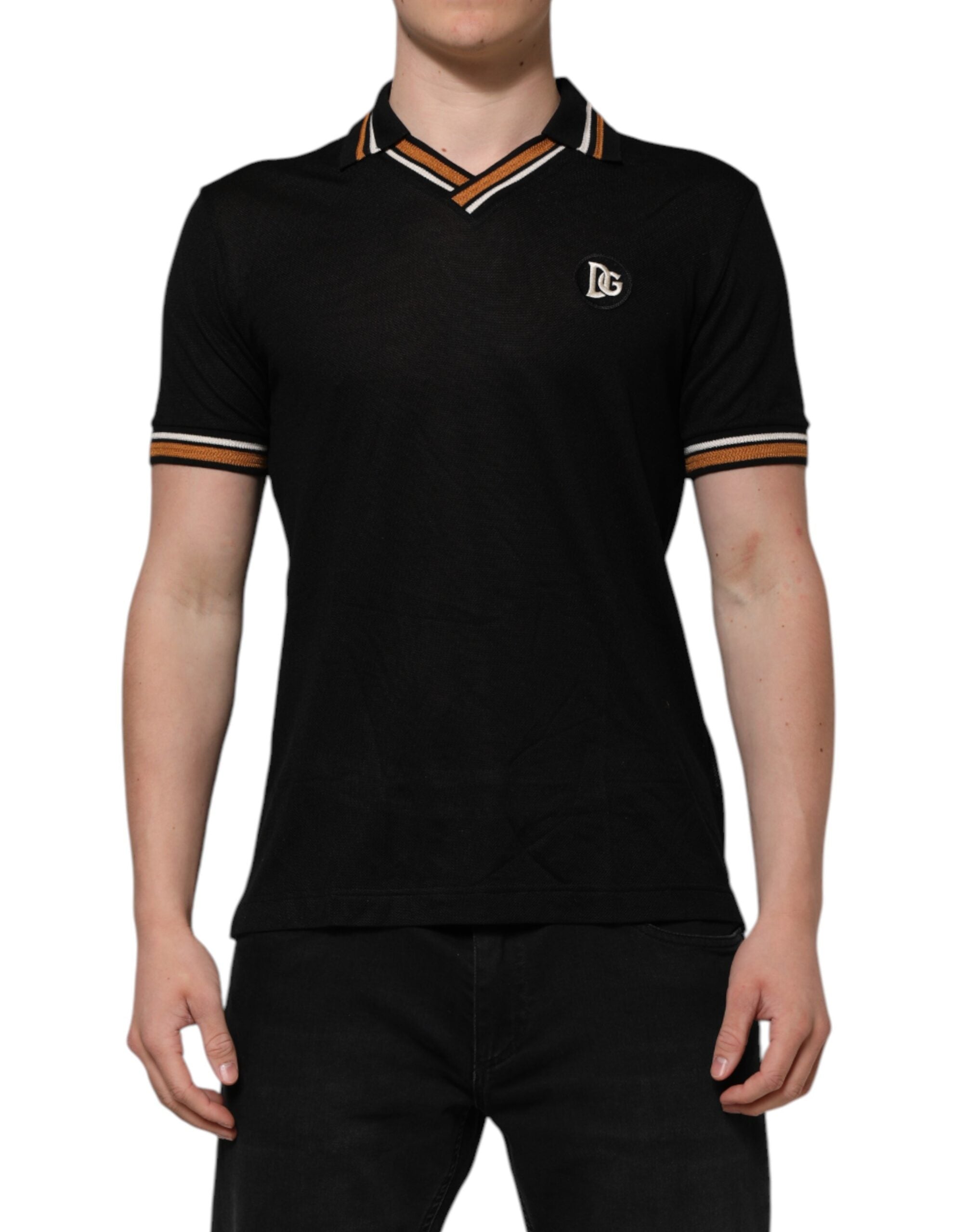 Dolce & Gabbana Black DG Silk Vneck Collared Men Polo Men's T-shirt (Pre-Owned)