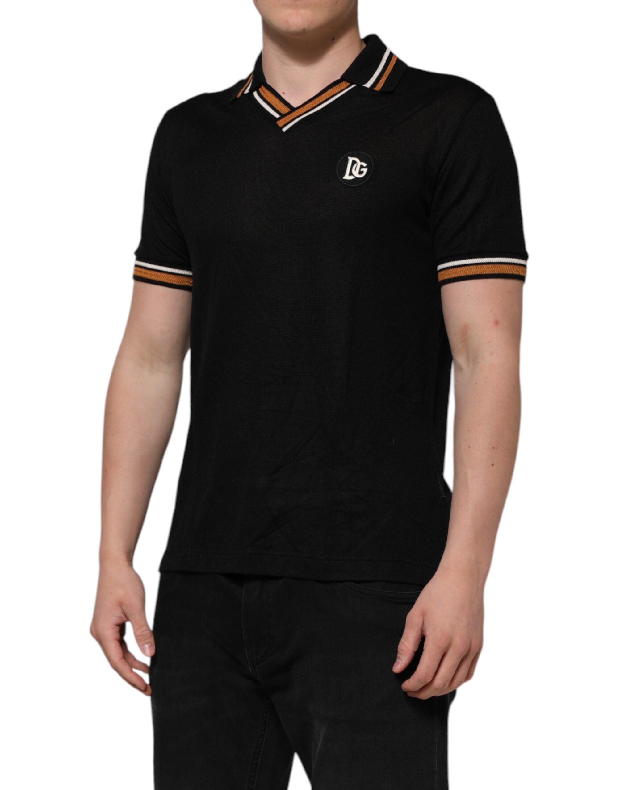 Dolce & Gabbana Black DG Silk Vneck Collared Men Polo Men's T-shirt (Pre-Owned)