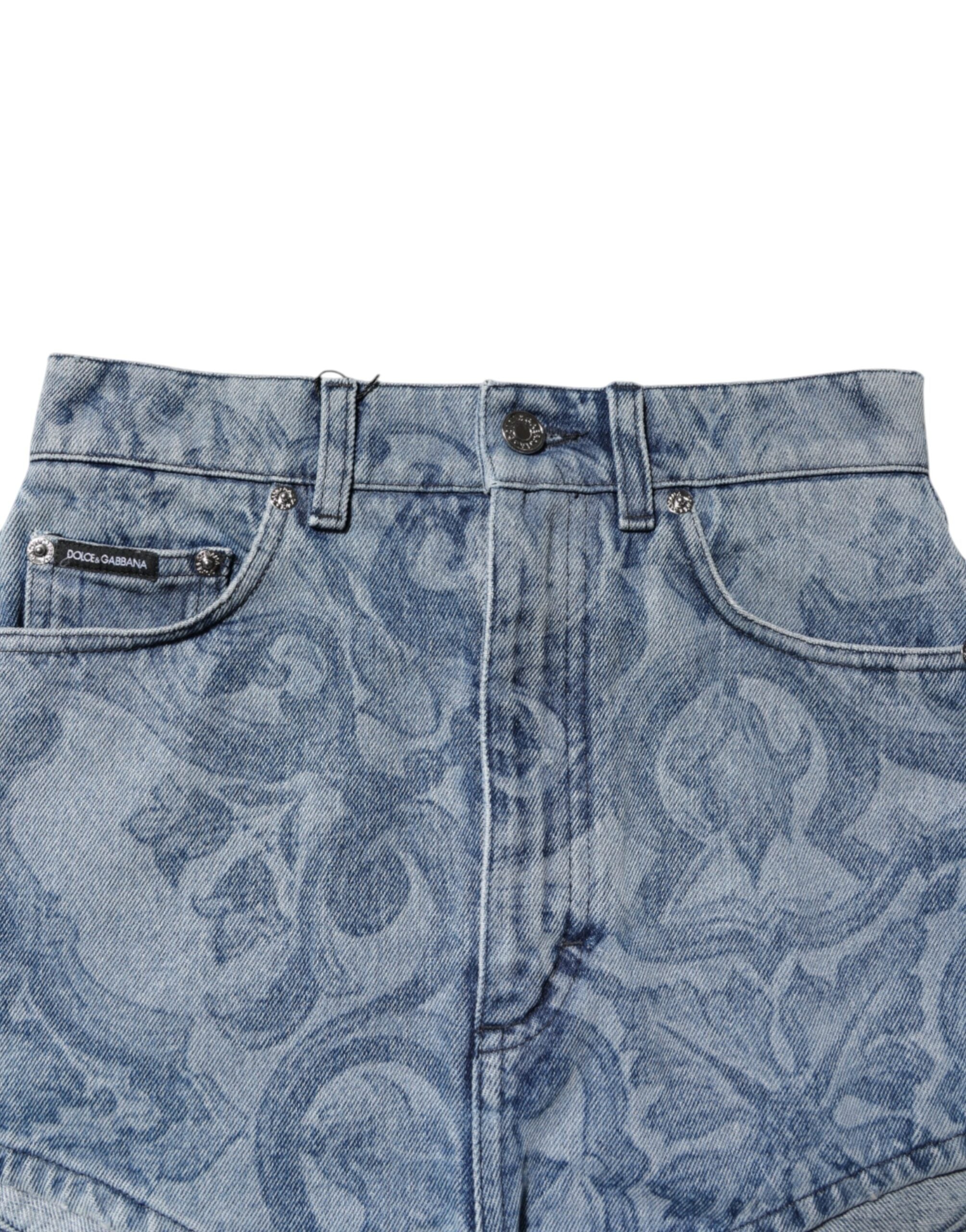 Dolce & Gabbana Blue Floral Print Denim Cotton Hot Pants Women's Shorts