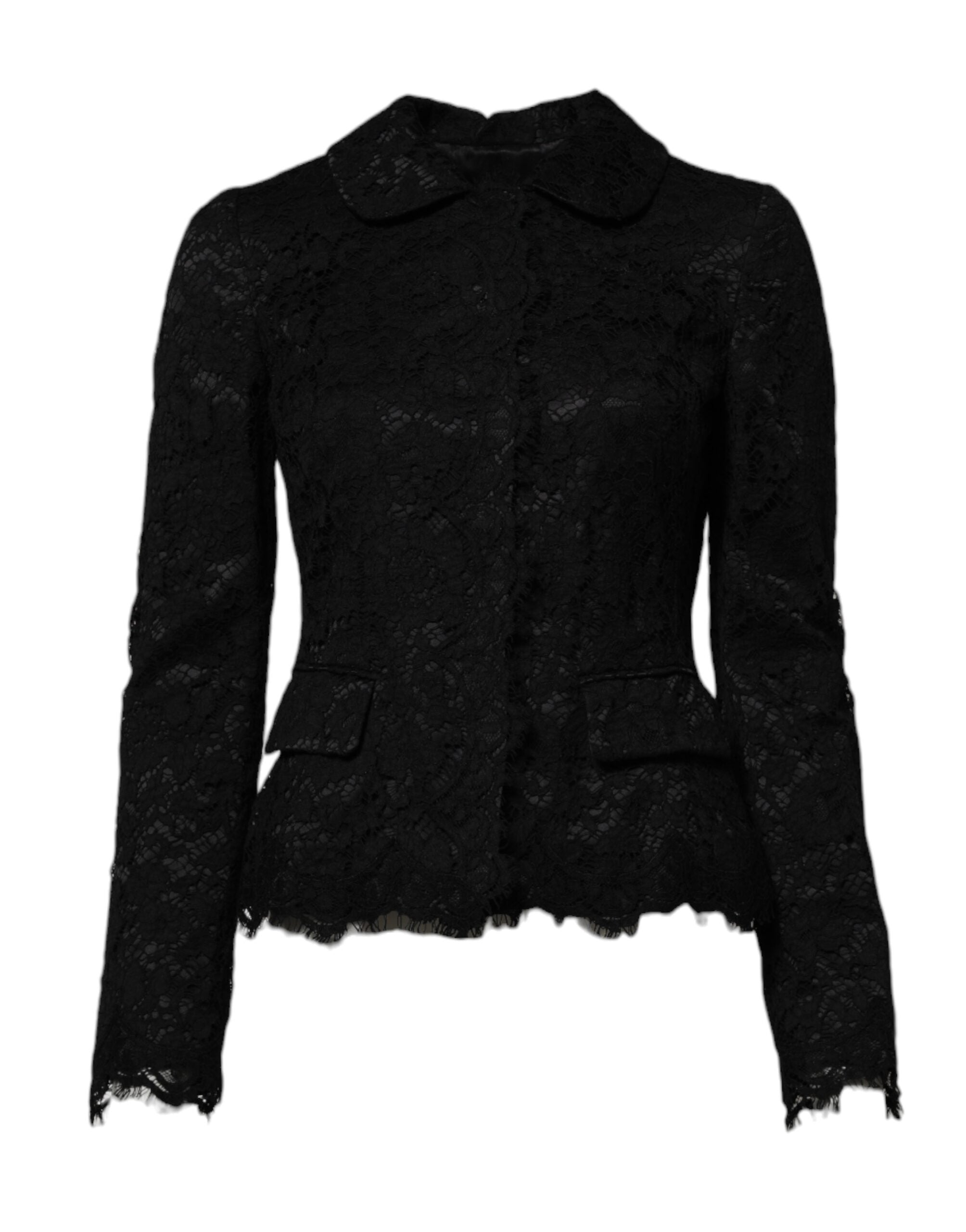 Dolce & Gabbana Black Floral Lace Cotton Collared Women's Jacket (Pre-Owned)