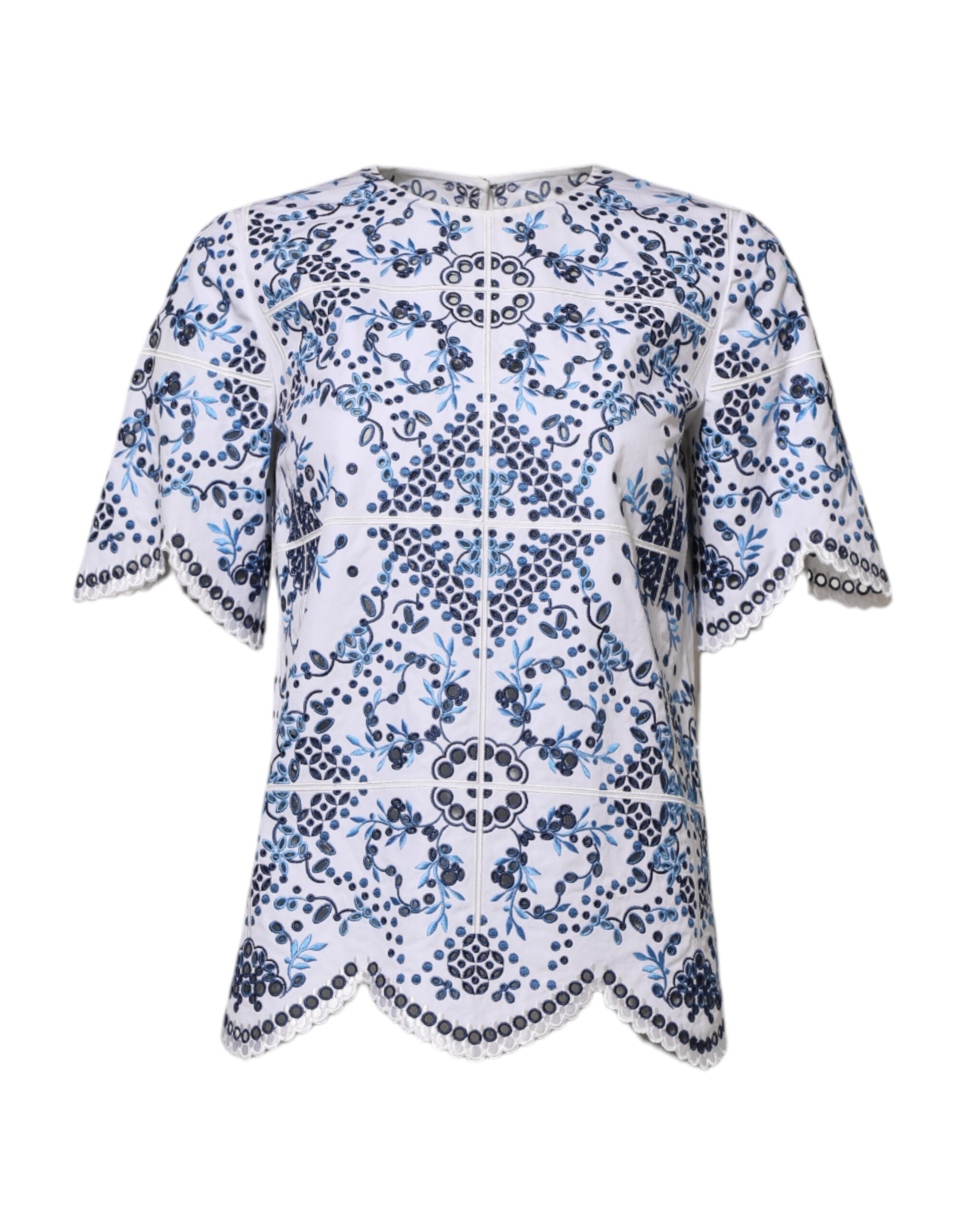 Dolce & Gabbana Blue Lace Eyelet Crew Neck Blouse Women's Top (Pre-Owned)