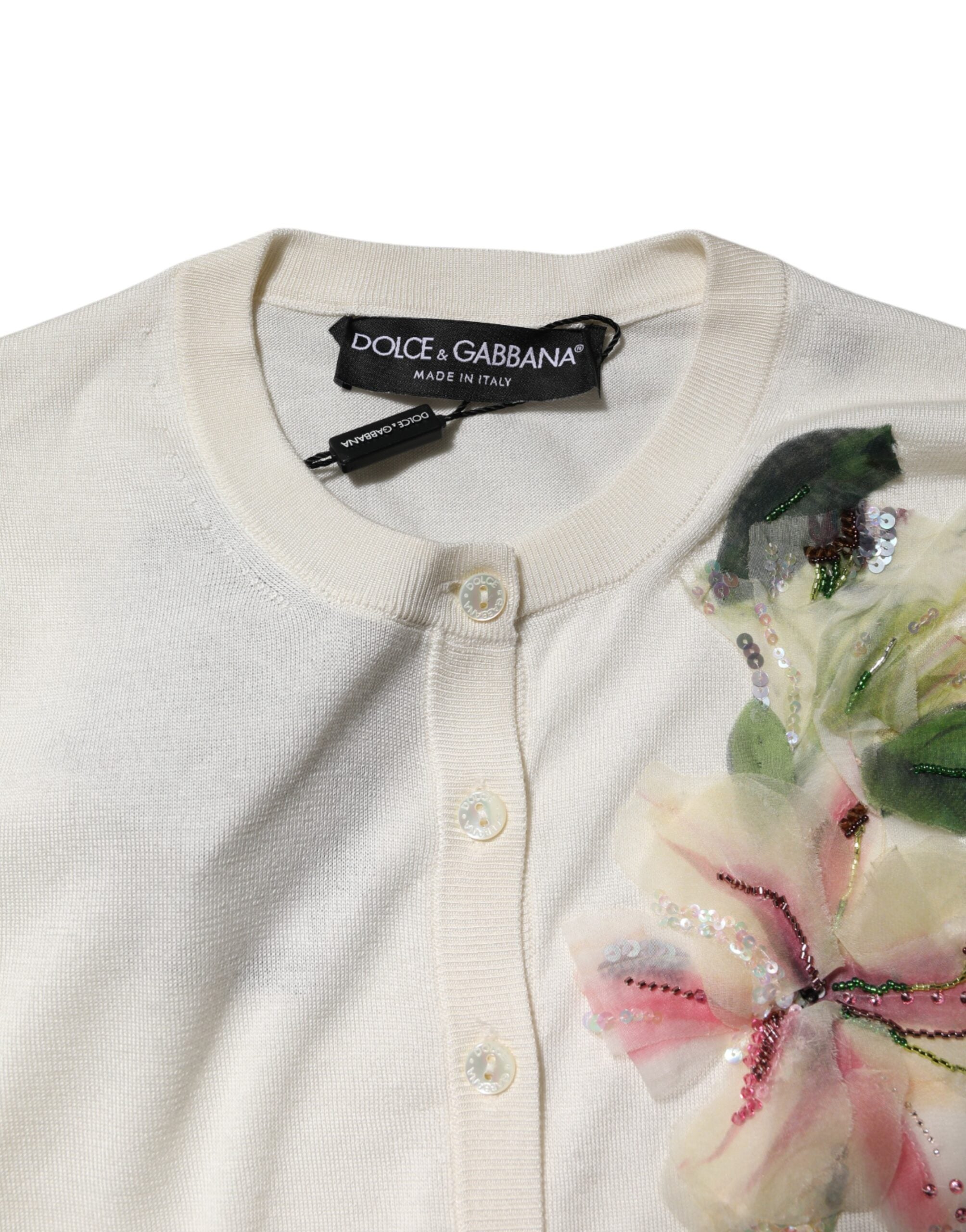 Dolce & Gabbana White Silk Lily Embellished Cardigan Women's Sweater (Pre-Owned)