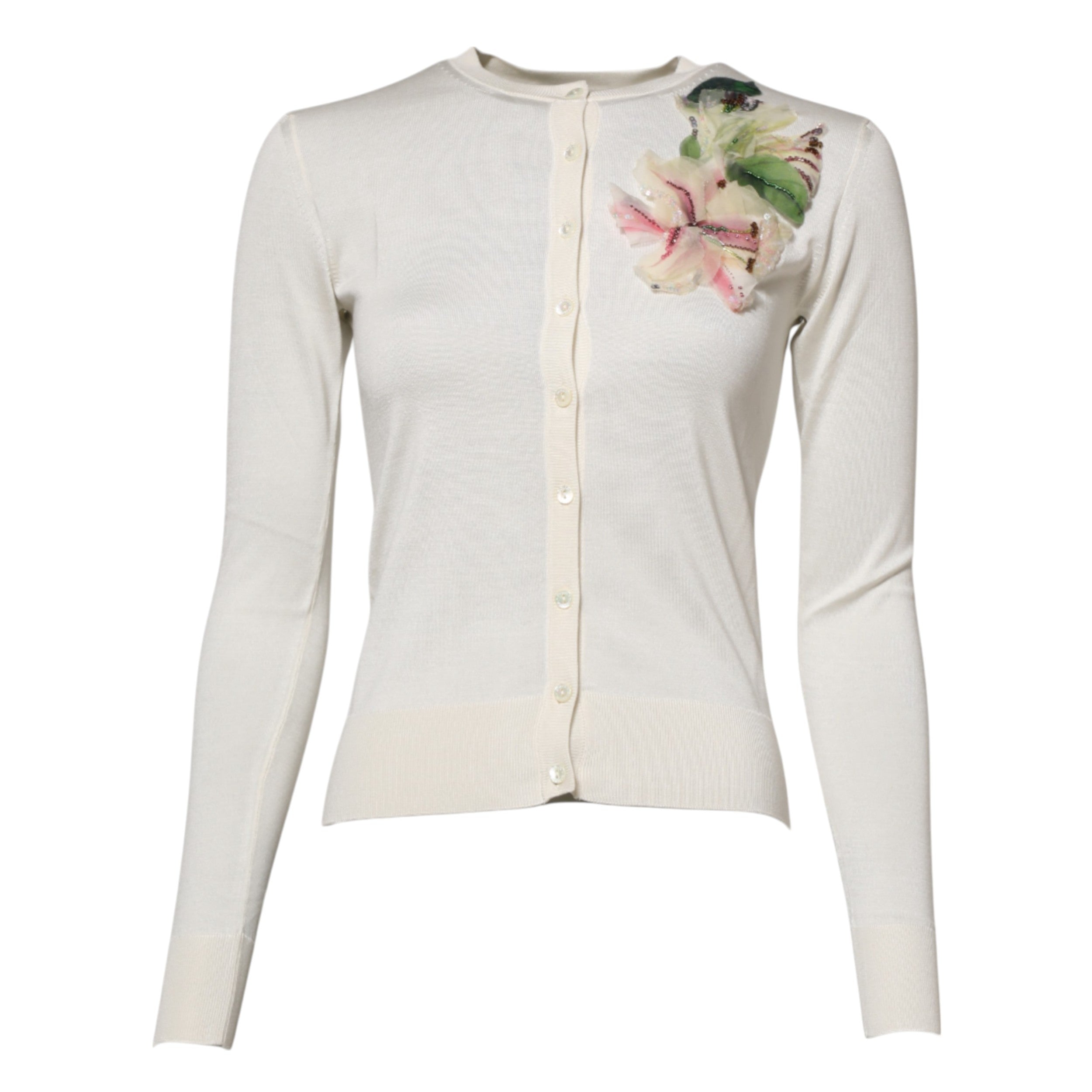 Dolce & Gabbana White Silk Lily Buttoned Cardigan Women's Sweater