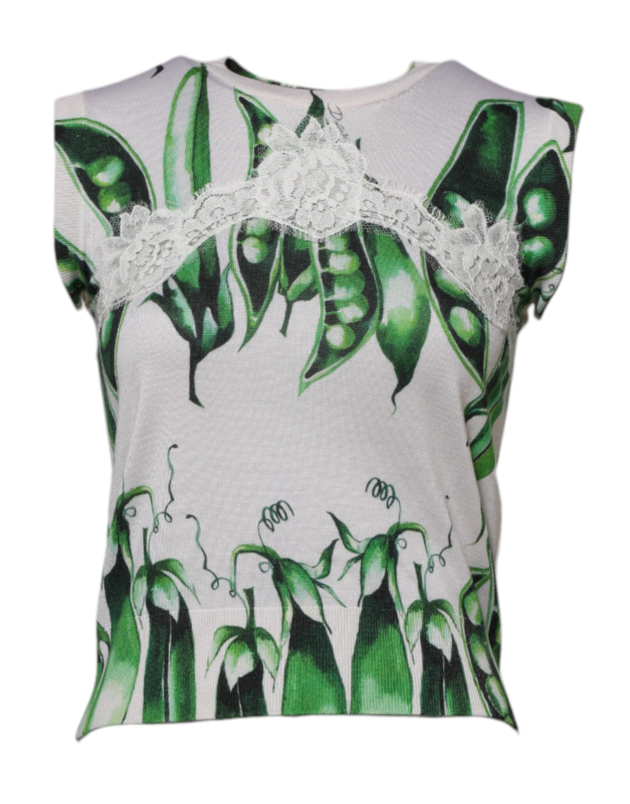 Dolce & Gabbana White Green Pea Print Sleeveless Blouse Women's Top