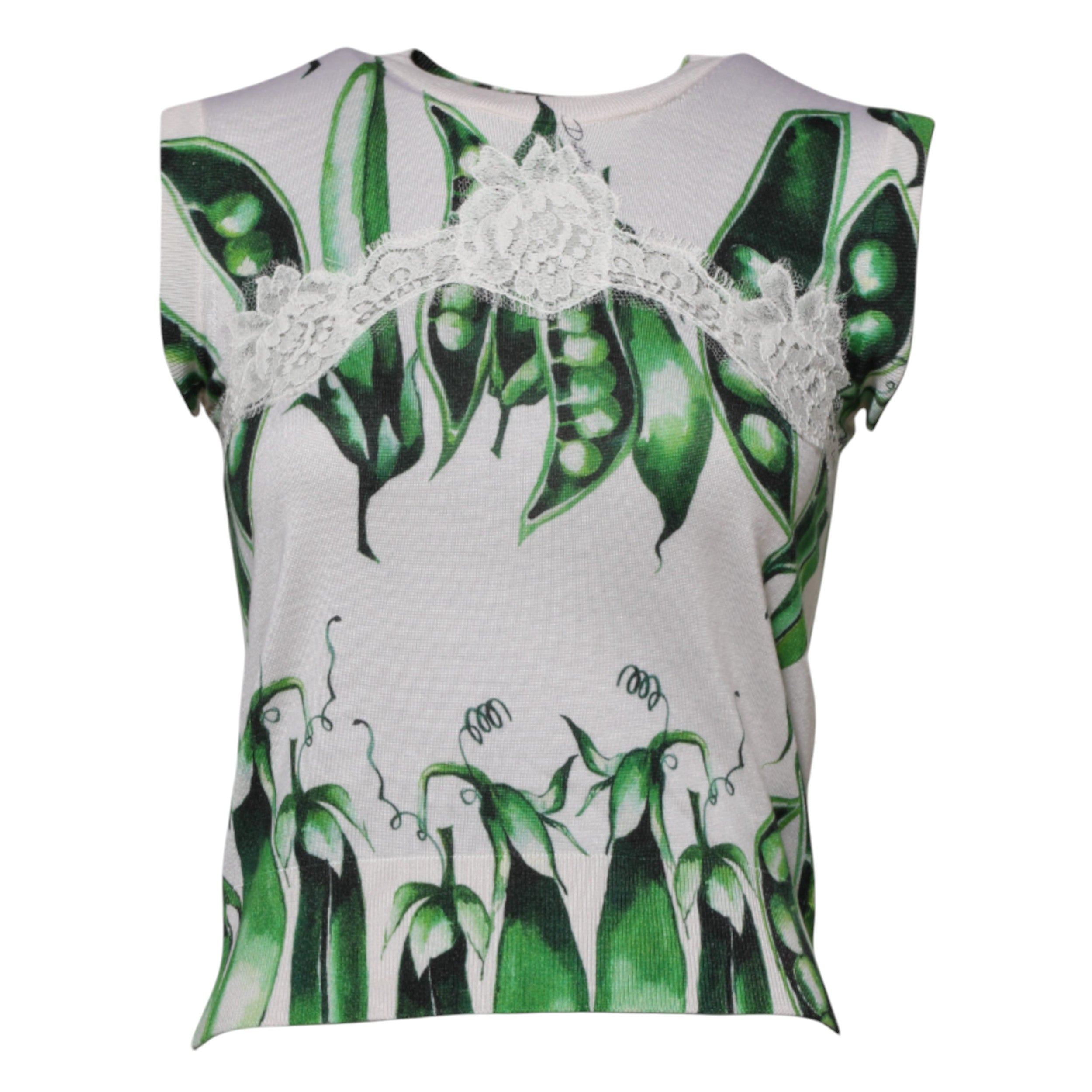Dolce & Gabbana White Green Pea Print Sleeveless Blouse Women's Top