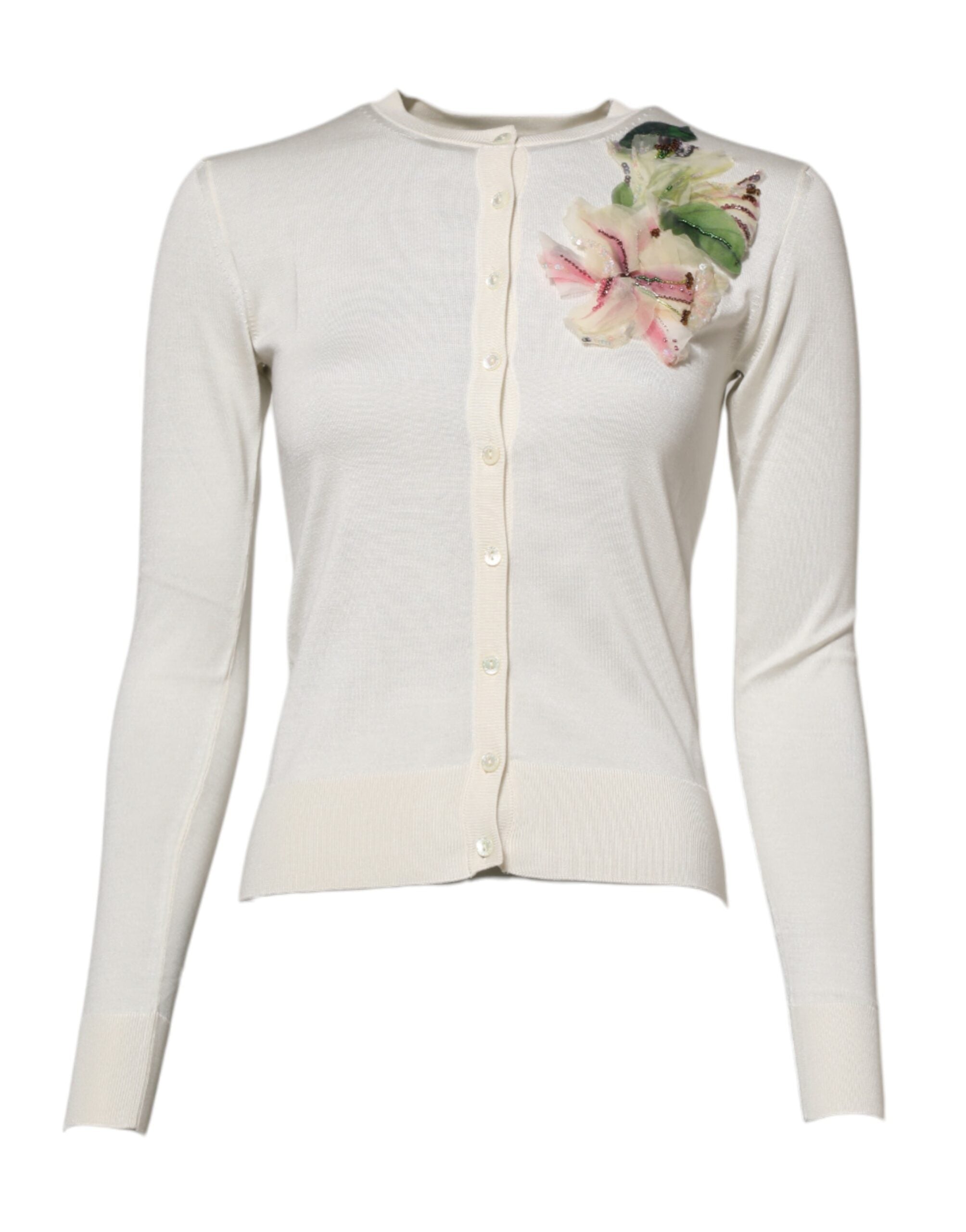 Dolce & Gabbana White Silk Lily Embellished Cardigan Women's Sweater