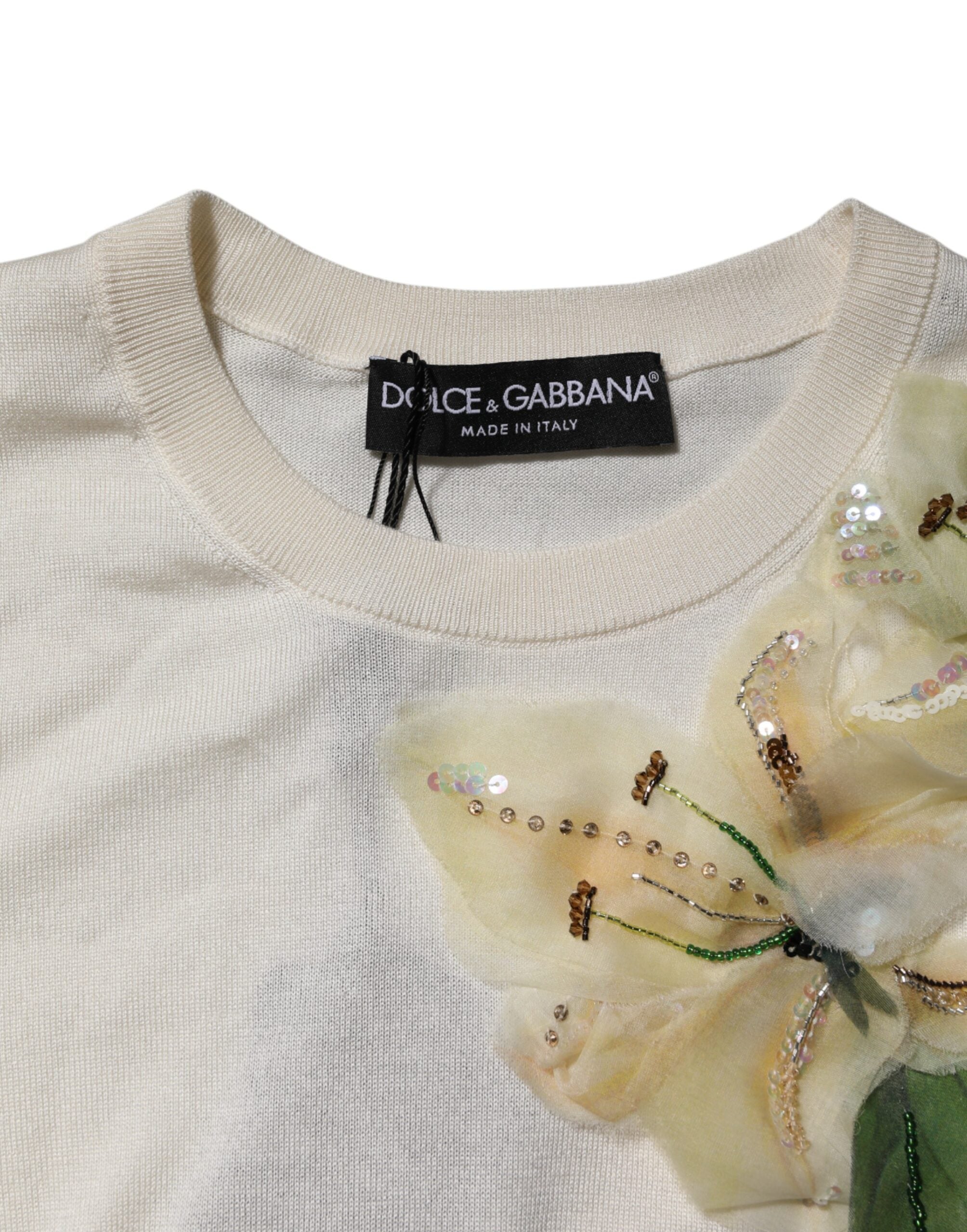 Dolce & Gabbana White Silk Lily Embellished Pullover Women's Sweater (Pre-Owned)