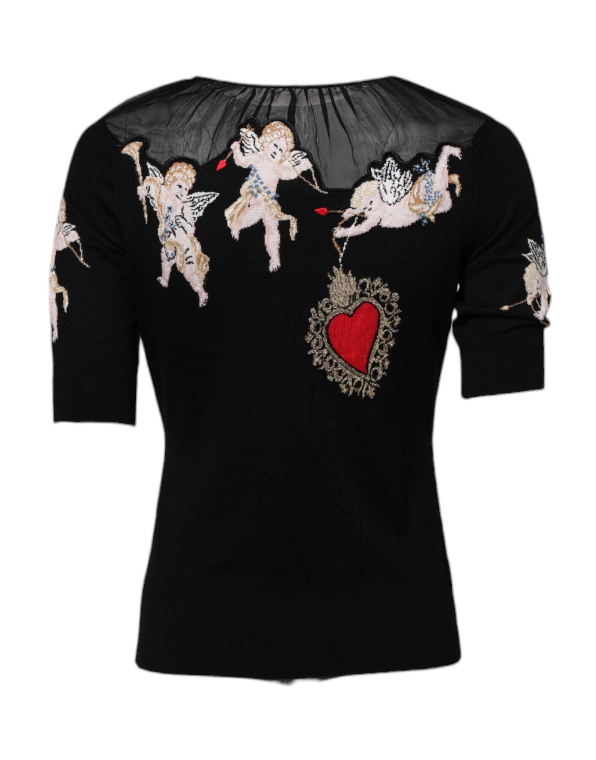 Dolce & Gabbana Black Sacred Heart Embroidered Crewneck Women's Top