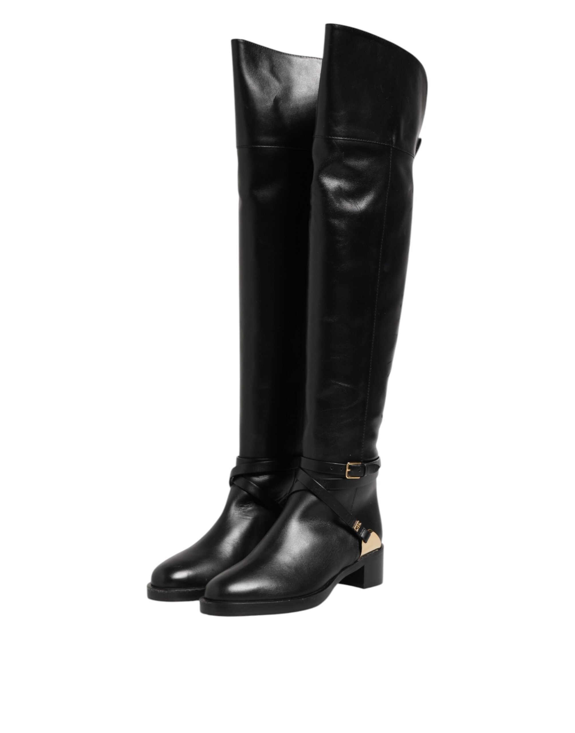 Elisabetta Franchi Black Leather Buckled High Boots Women's Shoes (Pre-Owned)