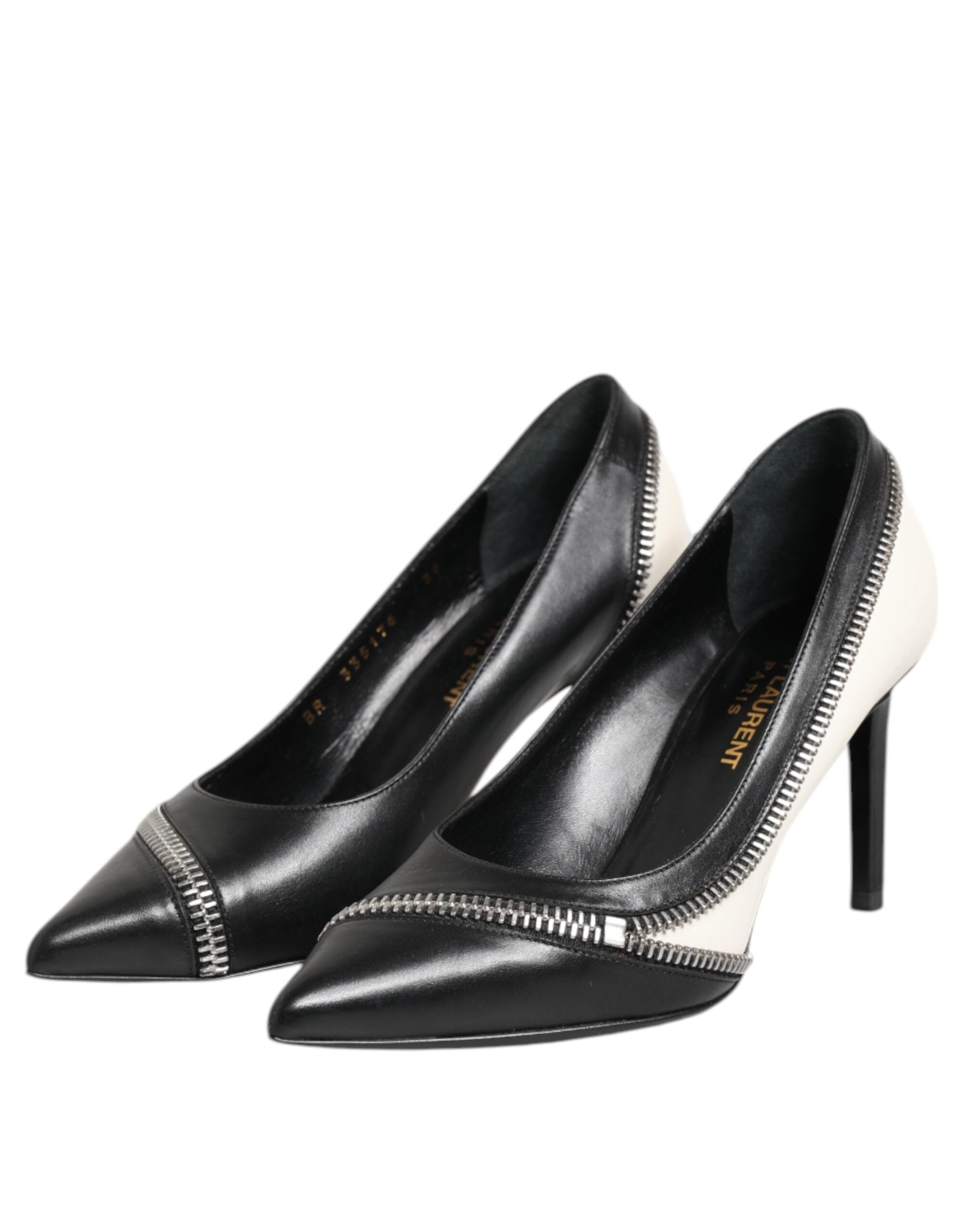 Saint Laurent White Black Leather Pointed Toe Heels Women's Shoes (Pre-Owned)