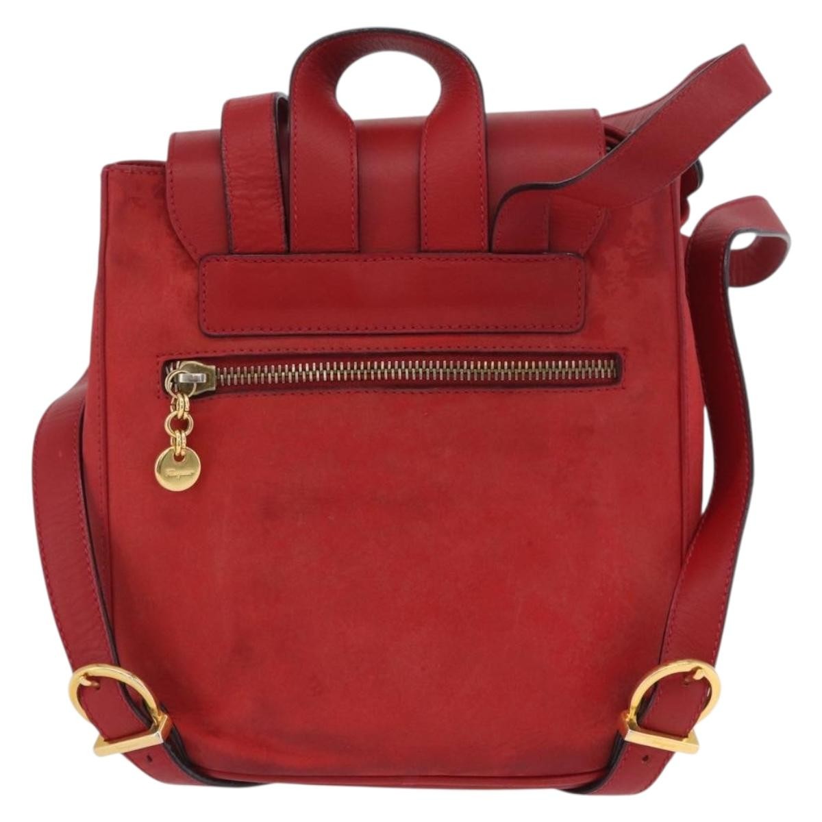 Salvatore Ferragamo Vara Flap Drawstring Leather And Suede Red Suede Backpack Bag (Pre-Owned)