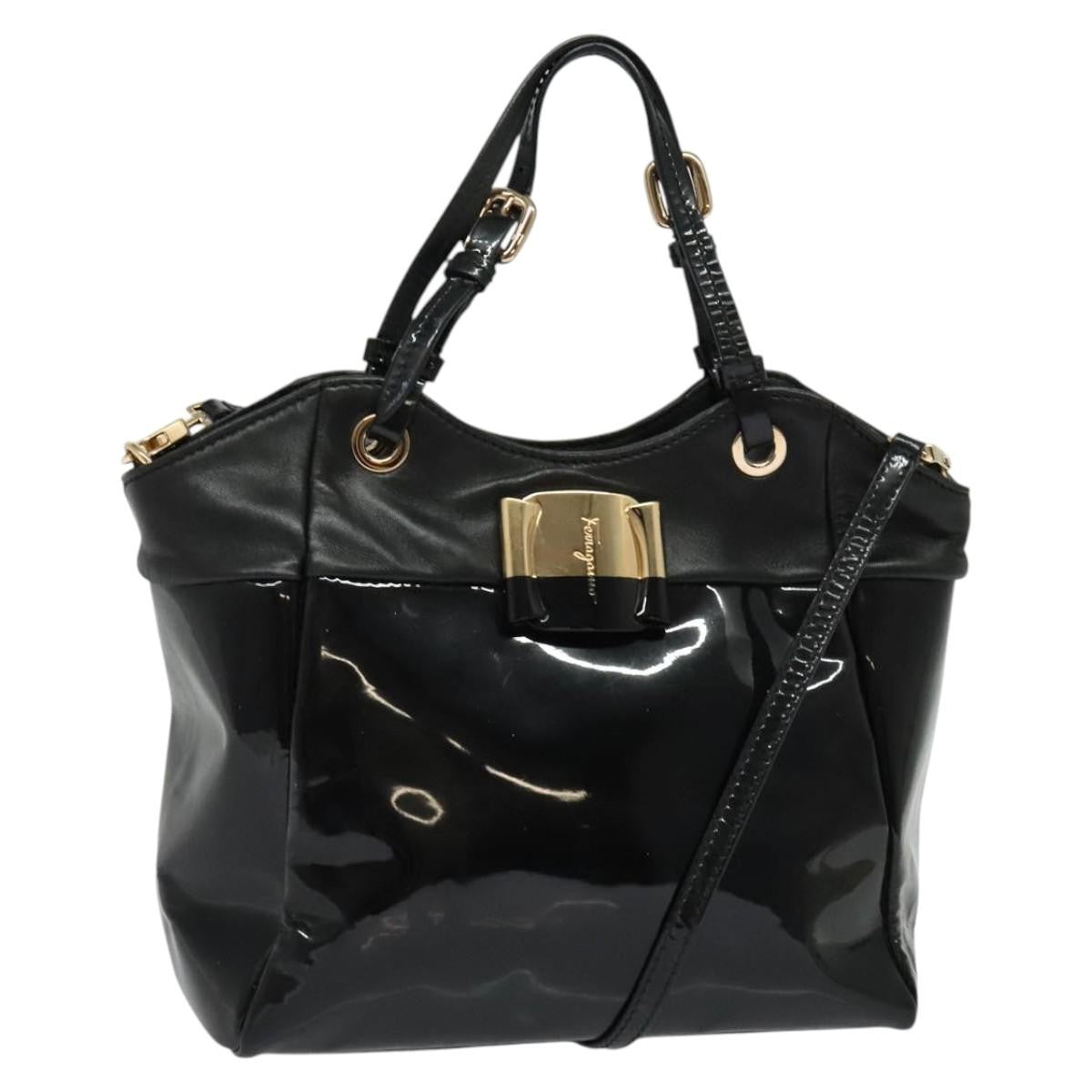 Salvatore Ferragamo Vala Patent Leather Black Patent_Leather Handbag (Pre-Owned)