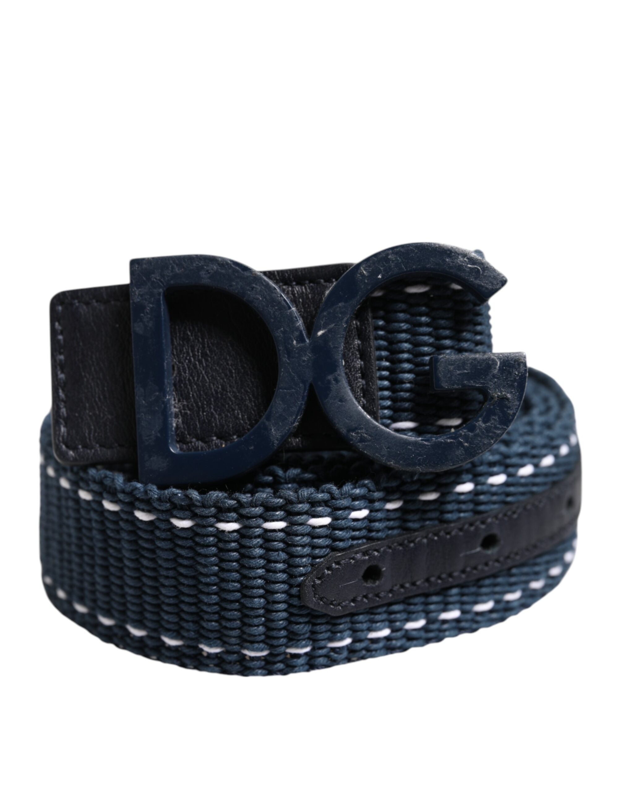 Dolce & Gabbana Blue White Cotton DG Logo Metal Buckle Men's Belt (Pre-Owned)